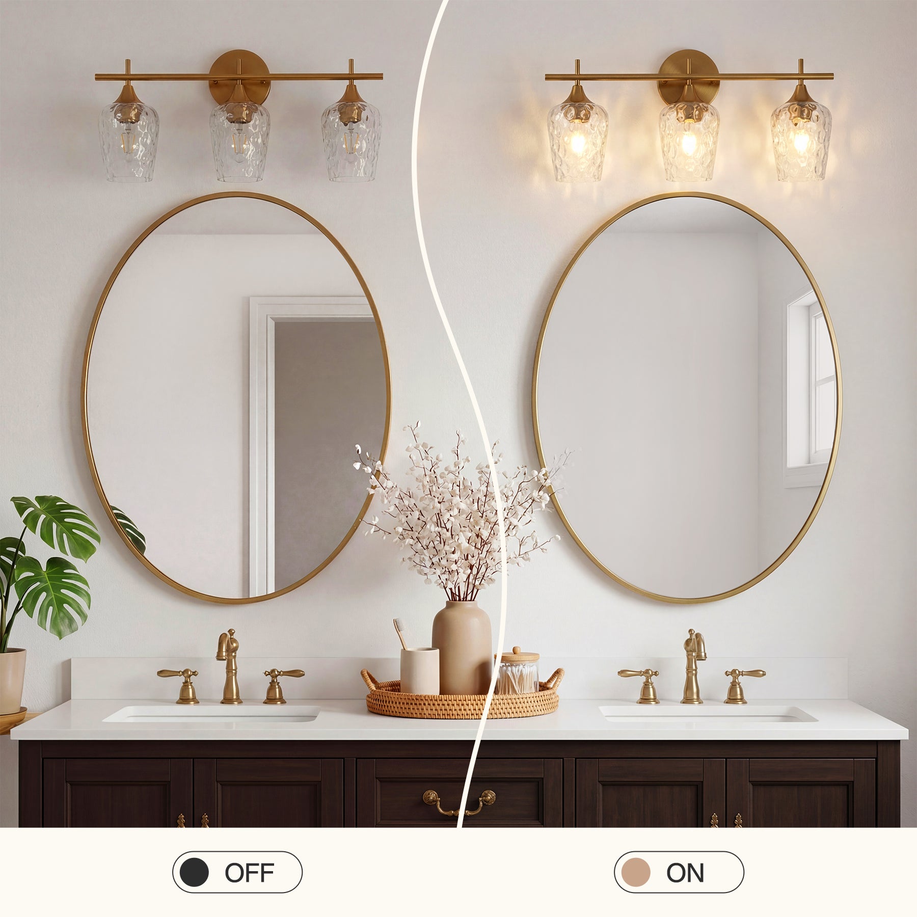 Tribesigns 3-flammige LED-Bad-Wandleuchte Gold mit Strukturglas, E27 Spiegelleuchte