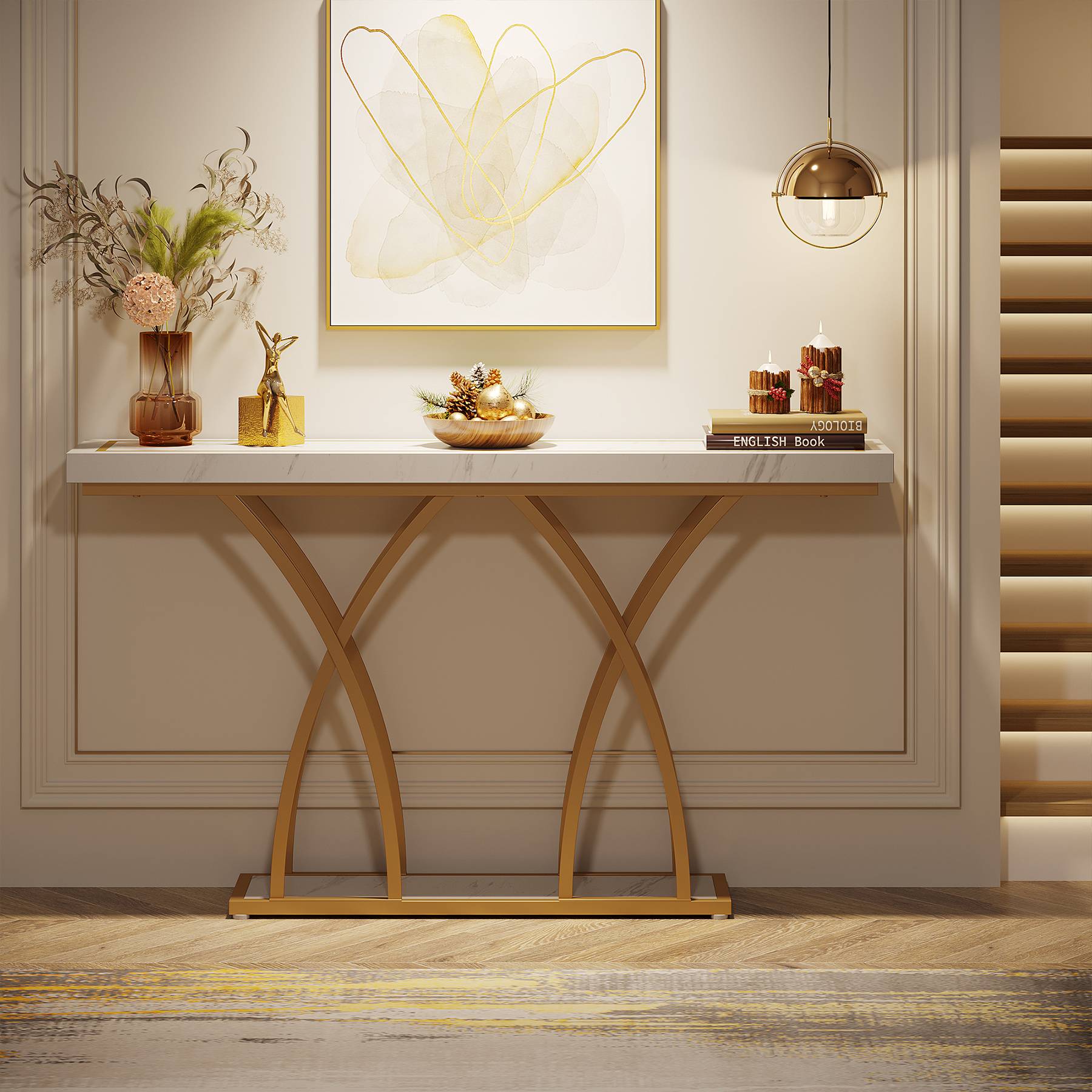 Console Table, 55 Inch Modern Faux Marble Entryway Table Tribesigns
