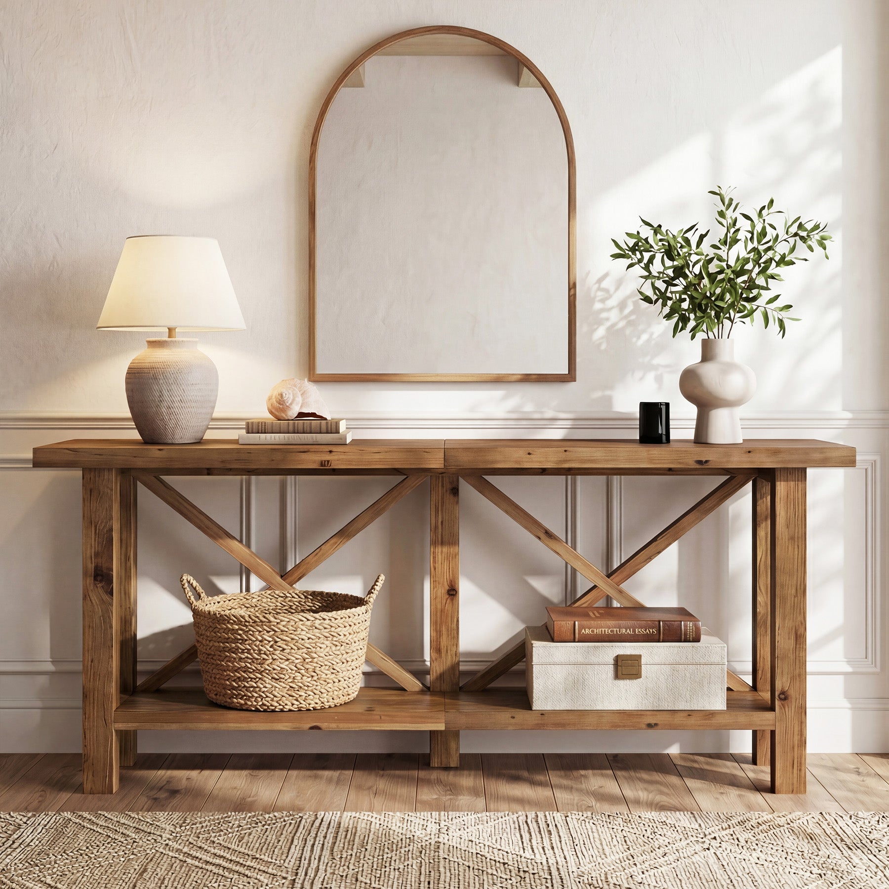 Tribesigns Konsolentisch aus Massivholz 180 cm, Schmaler Flurtisch im Landhausstil mit 2 Ablagen
