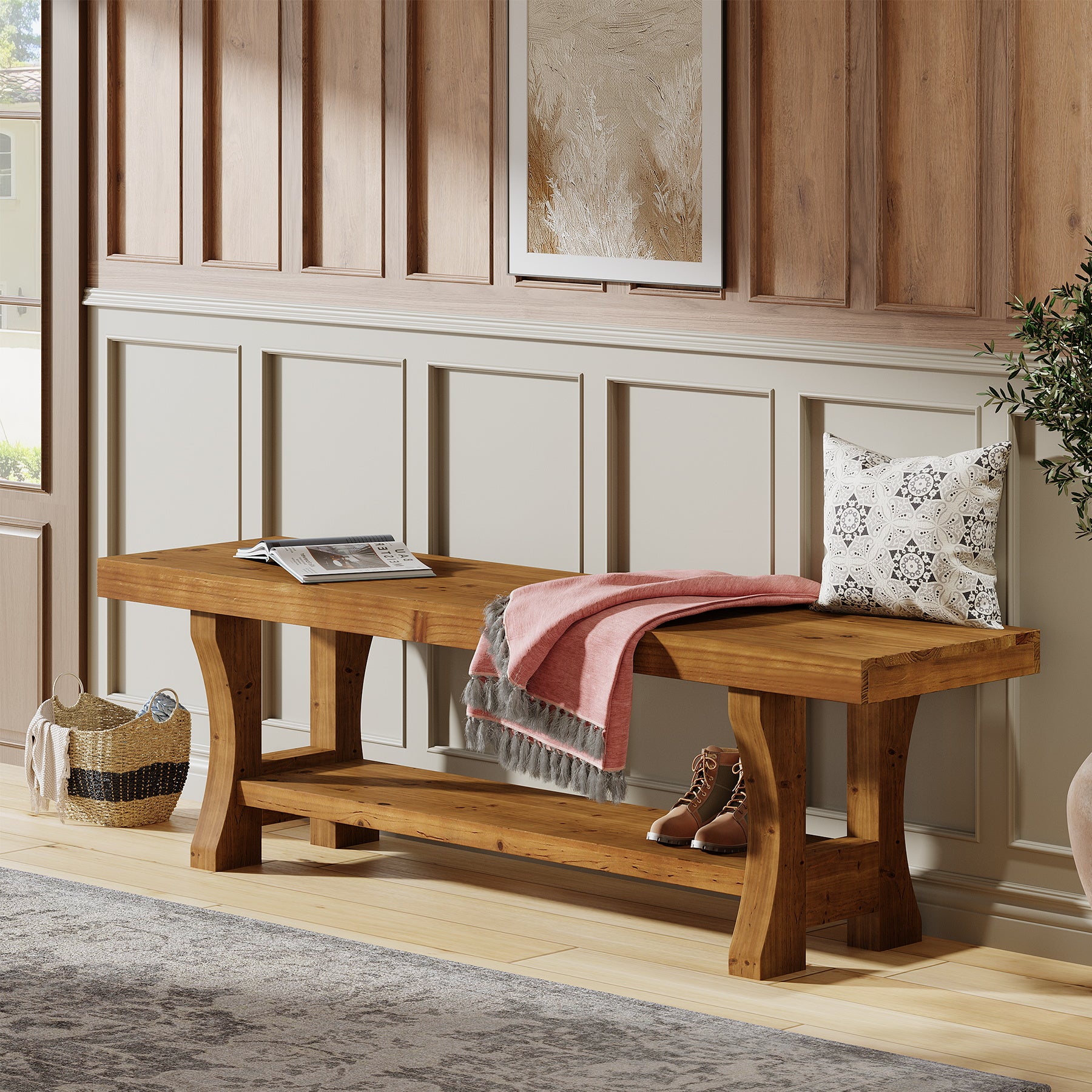Tribesigns Massivholz Sitzbank 140 cm, Lange Holzbank im Landhausstil mit Stauraum