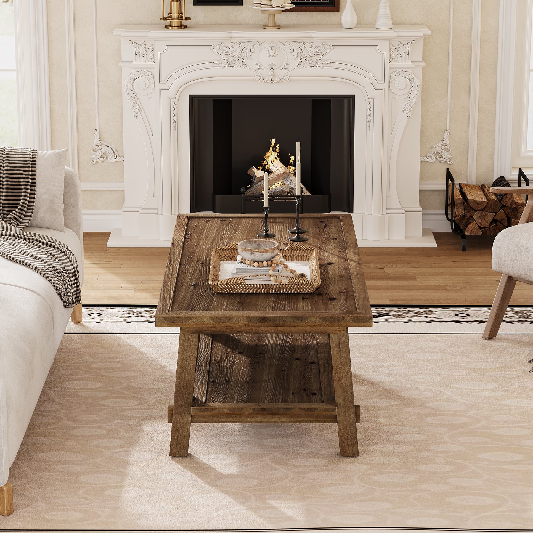 Tribesigns Couchtisch aus Massivholz 120 cm, Rechteckiger Wohnzimmertisch im Landhausstil mit 2 Ablagen