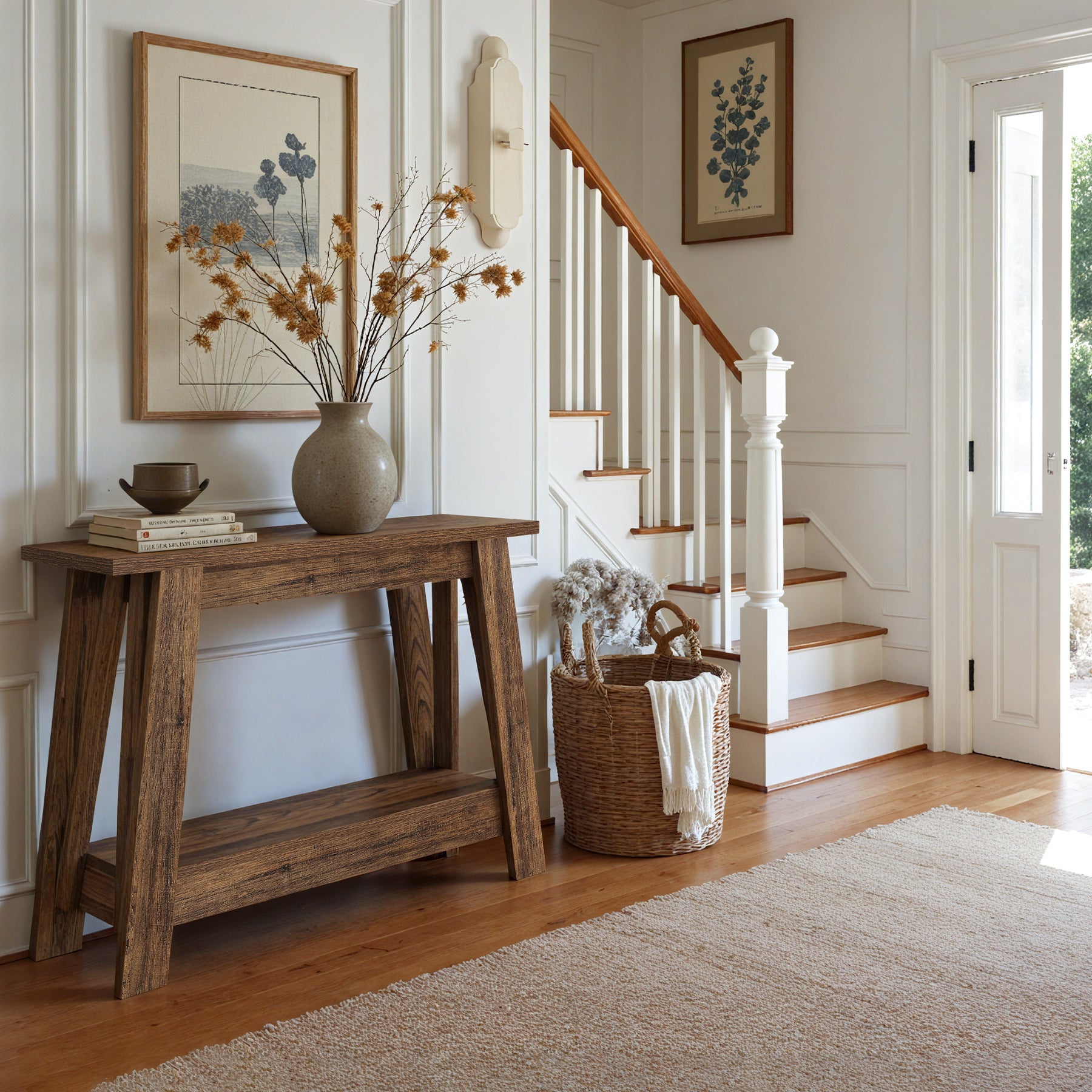 105 cm Farmhouse Konsolentisch mit 2 Ebenen Stauraum, Schmaler Sofatisch im Landhausstil