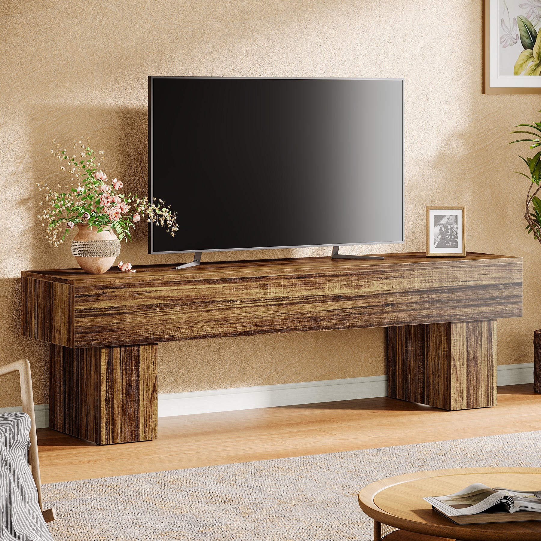 TV-Schrank 160 cm, niedriger Fernsehschrank für Wohnzimmer, passend für 140–165 cm TVs