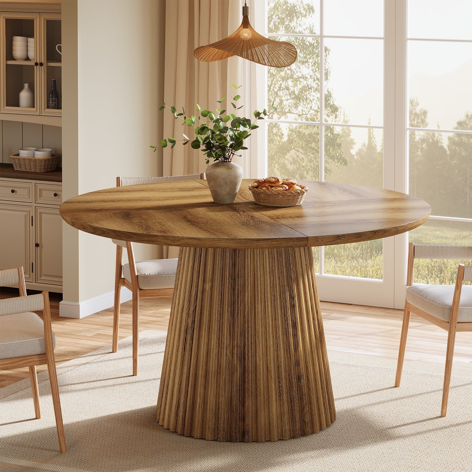 Runder Esstisch 120 cm aus Holz, Landhaus-Küchentisch für 4–6 Personen mit geriffeltem Sockel