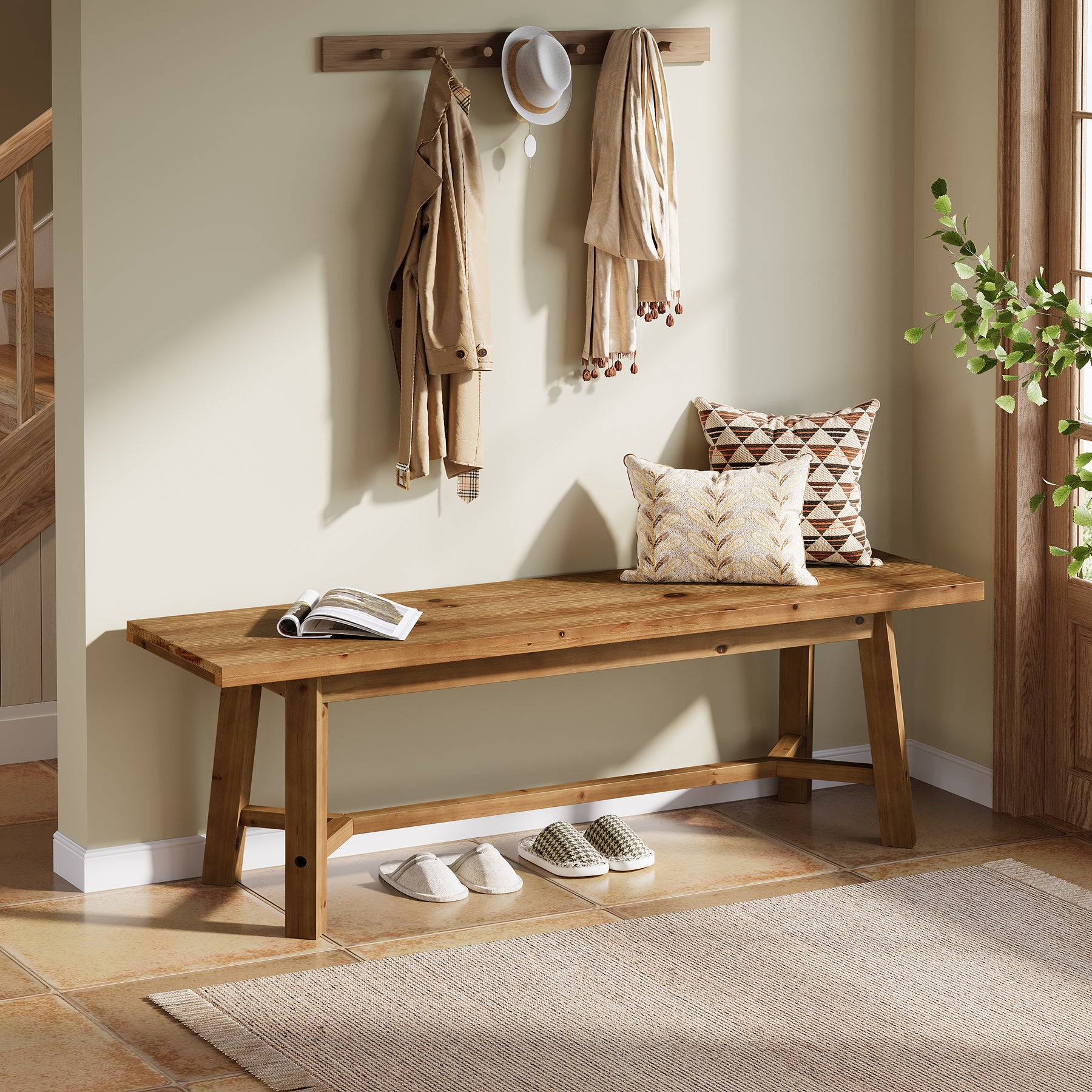 Tribesigns Massivholz Sitzbank 140 cm, Holzbank im Landhausstil, Flurbank & Schuhbank, Esszimmerbank