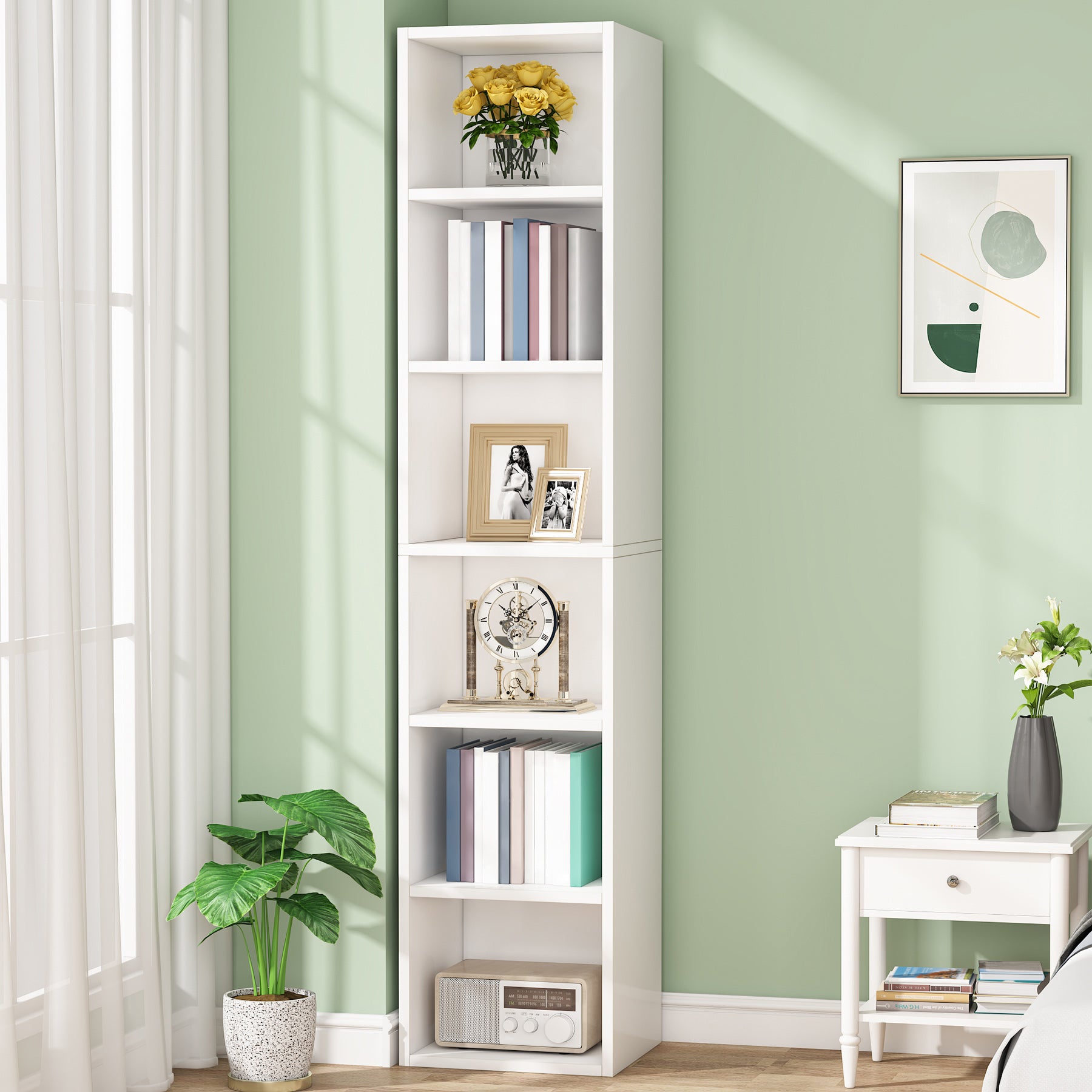 schmales Bücherregal, Eckbücherregal mit Stauraum, 6 Etagen