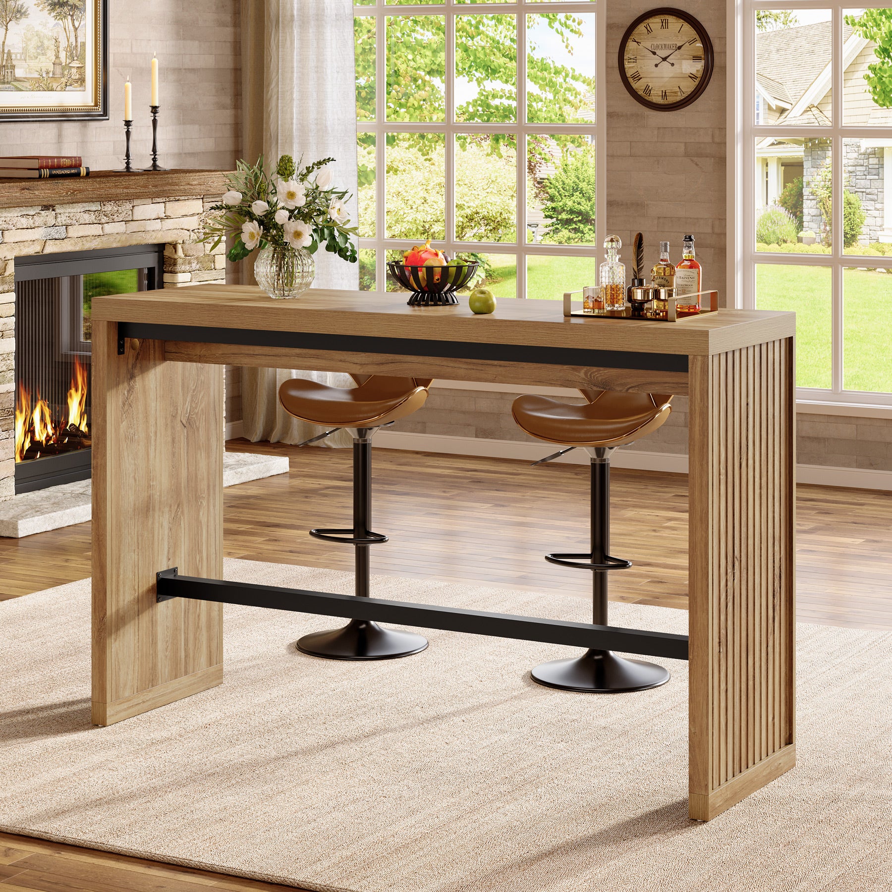 Tribesigns Bartisch 140 cm, Hochtisch mit Metall-Fußstütze, Stehtisch im modernen Landhausstil