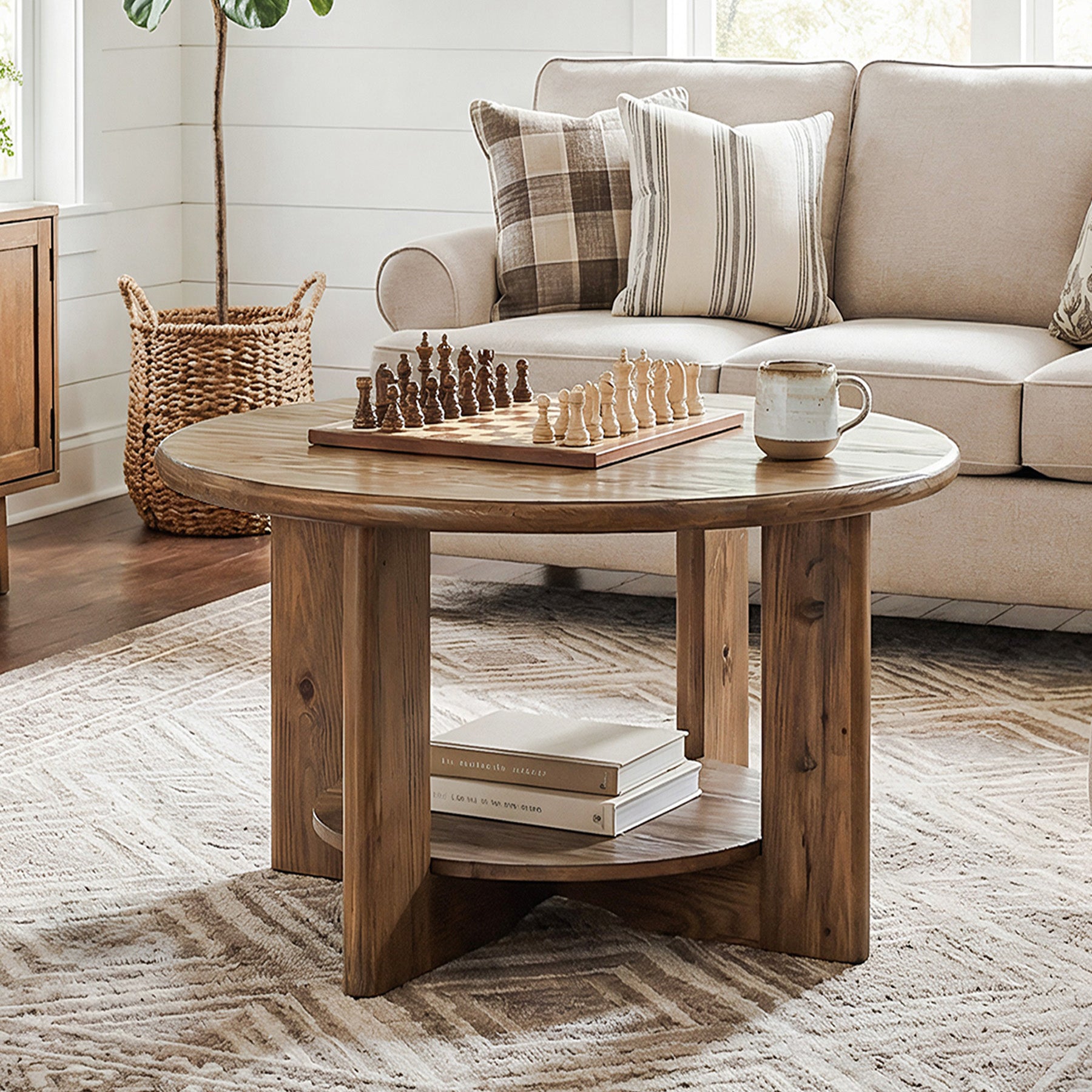 Tribesigns Runder Couchtisch aus Massivholz, 2 Ebenen Wohnzimmertisch mit Ablage