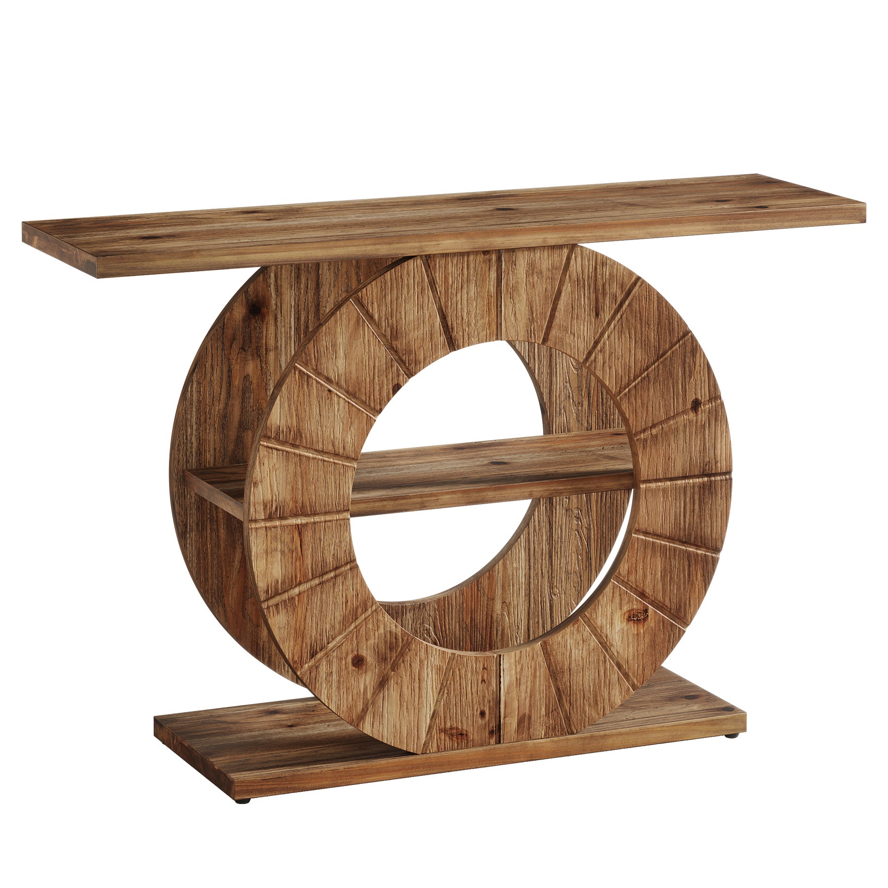 Massivholz Konsolentisch 105 cm mit 3 Ablagen, Schmale Flurkonsole im Landhausstil mit Rundem Design