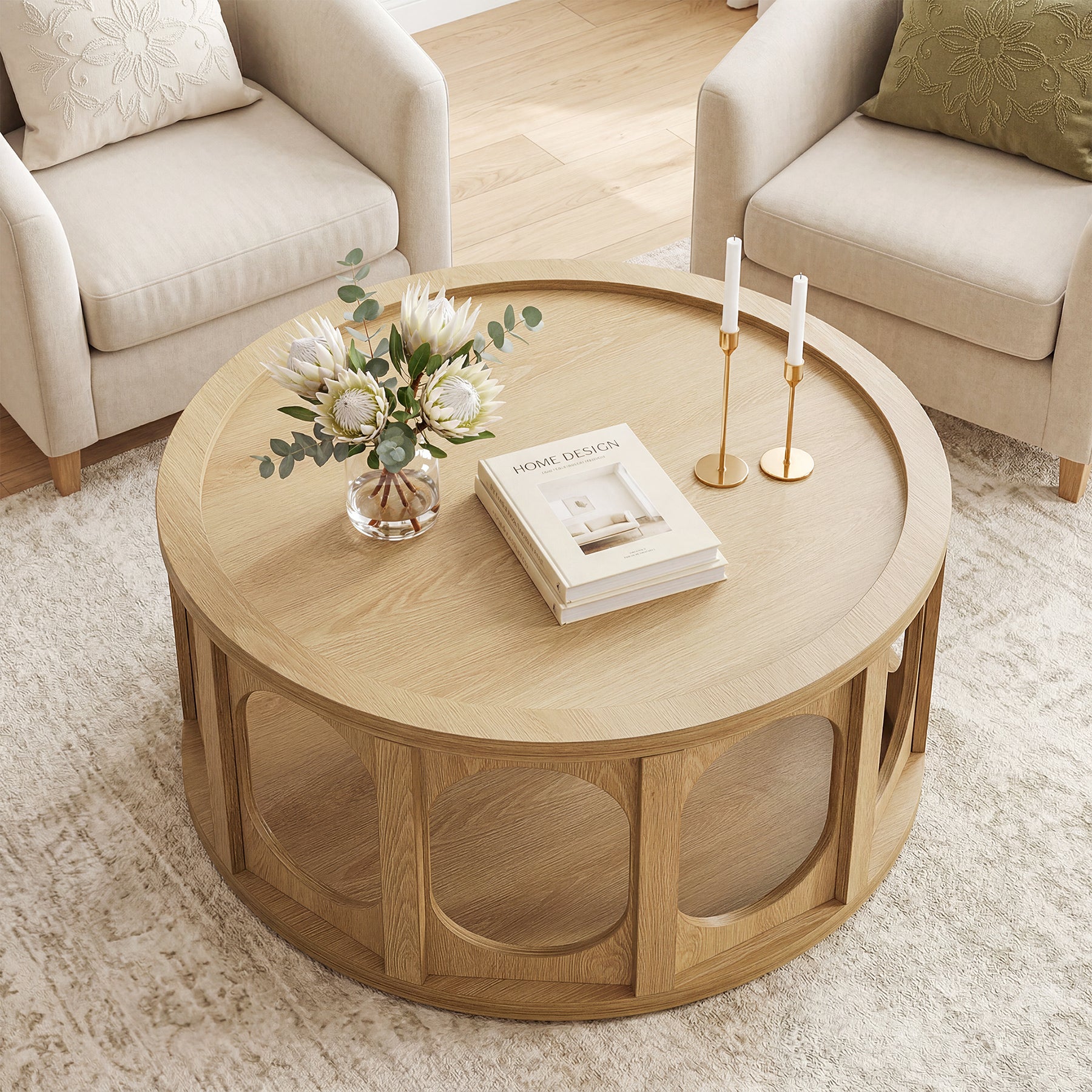 Tribesigns Runder Couchtisch mit Katzenhöhle 80 cm, 2-stufiger Wohnzimmertisch mit Stauraum