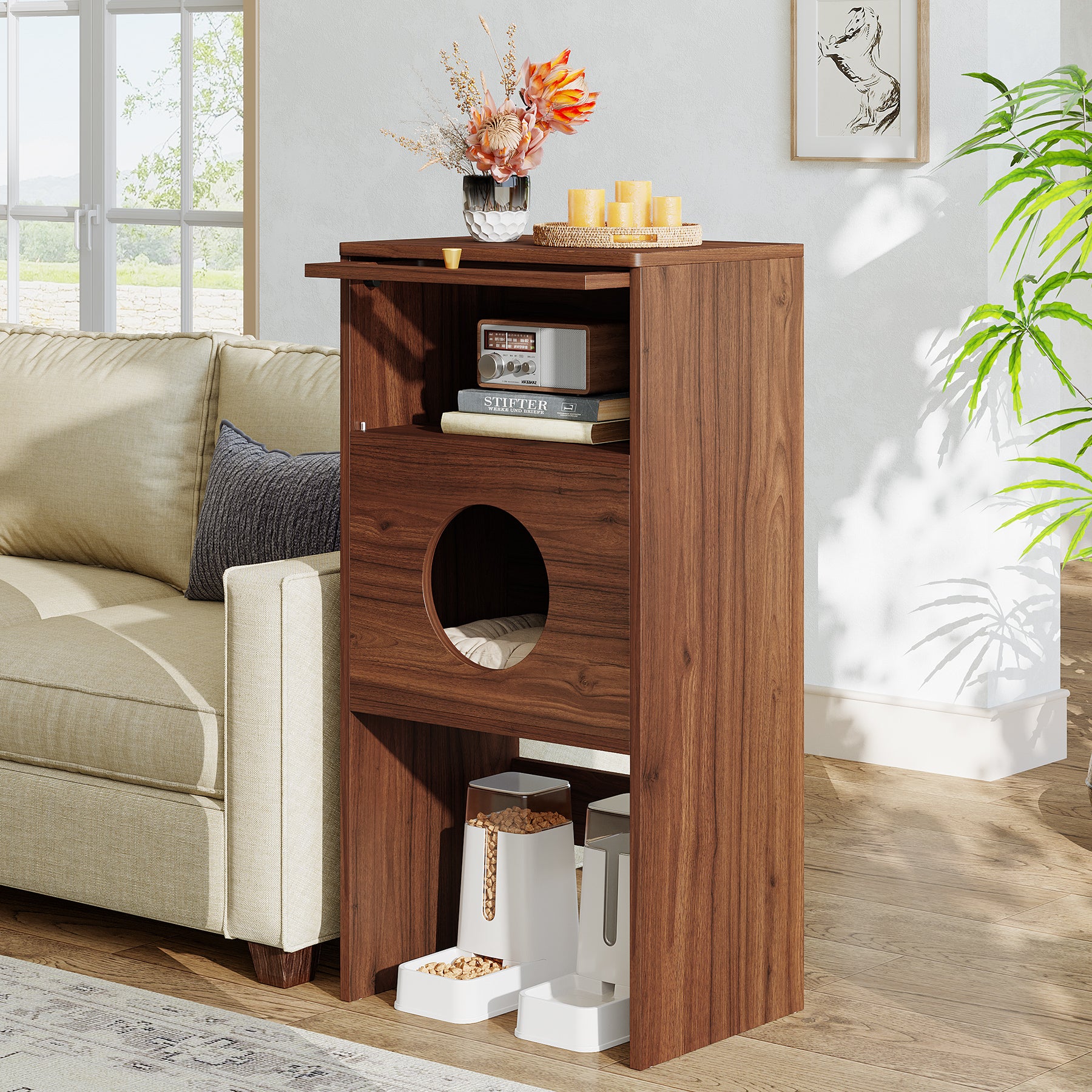 Katzenhaus Möbel mit Stauraum – Katzenklo Schrank & Beistelltisch 2-in-1, Indoor Katzenmöbel für kleine Wohnungen