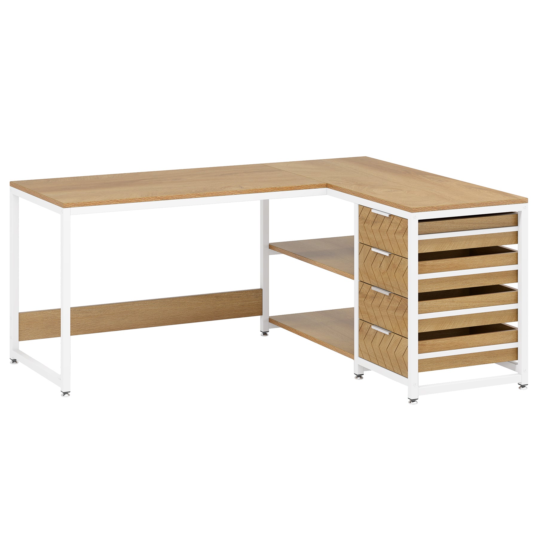 150 cm L-förmiger Schreibtisch, umkehrbarer Eckschreibtisch mit Schubladen und Regalen