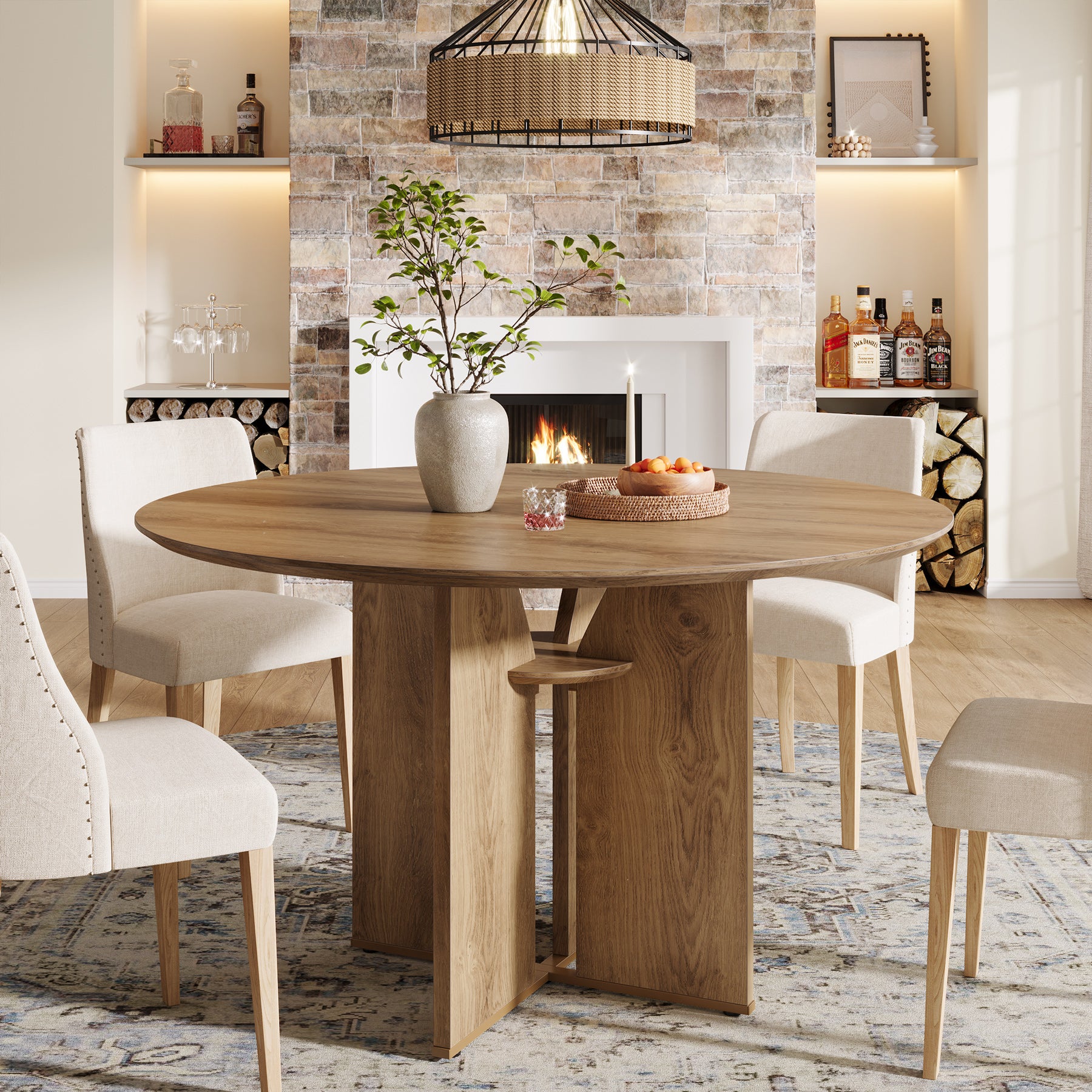 Tribesigns Runder Esstisch 100 cm, Küchentisch für 2–4 Personen mit Ablage & X-Gestell, Landhausstil