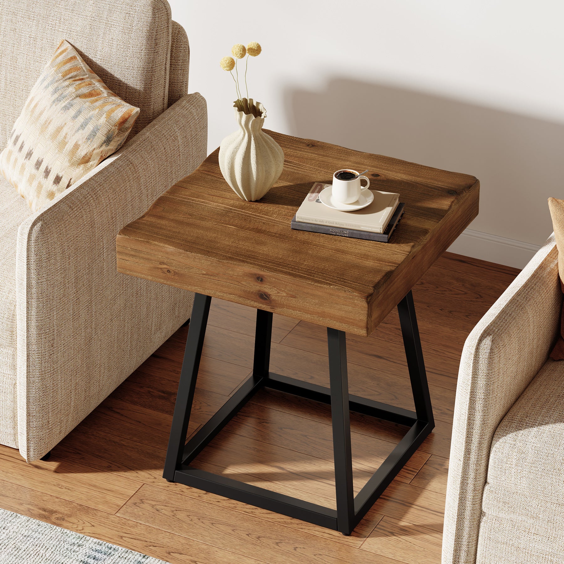 Tribesigns Beistelltisch aus Massivholz 50 cm, Quadratischer Nachttisch mit Metallgestell