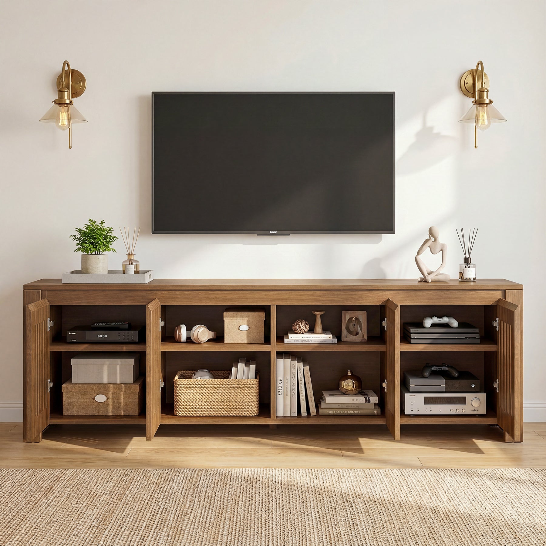 Tribesigns TV Lowboard 140 cm für Fernseher bis 65 Zoll, TV-Schrank mit Lamellentüren & 8 Staufächern