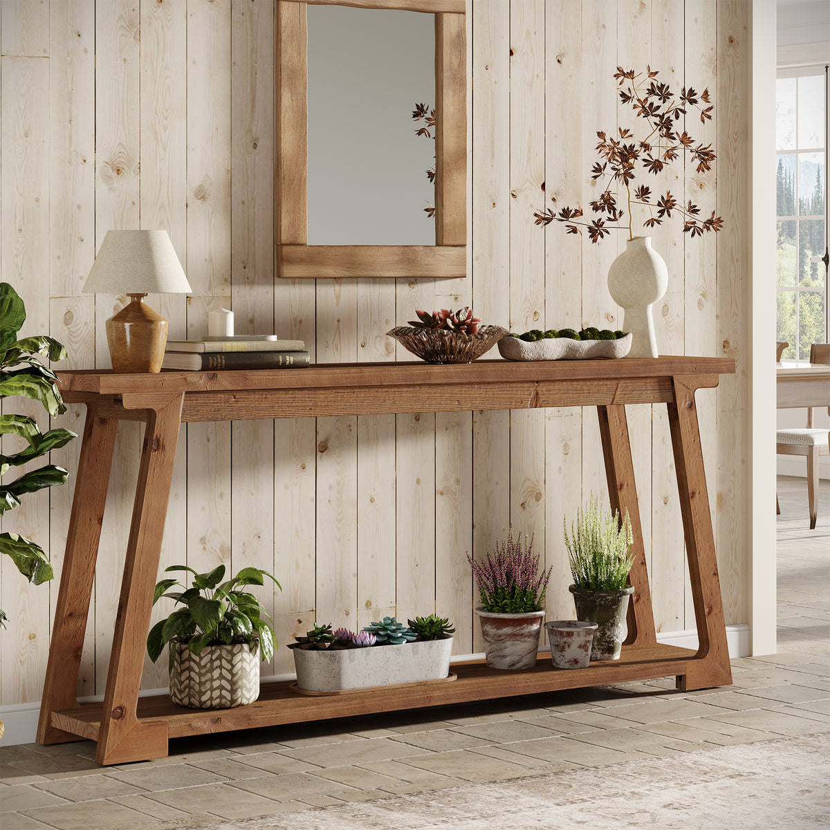 Tribesigns Massivholz Konsolentisch 160 cm hinter Sofa mit 2 Ablagen, langer Sofatisch schmal für Wohnzimmer & Flur