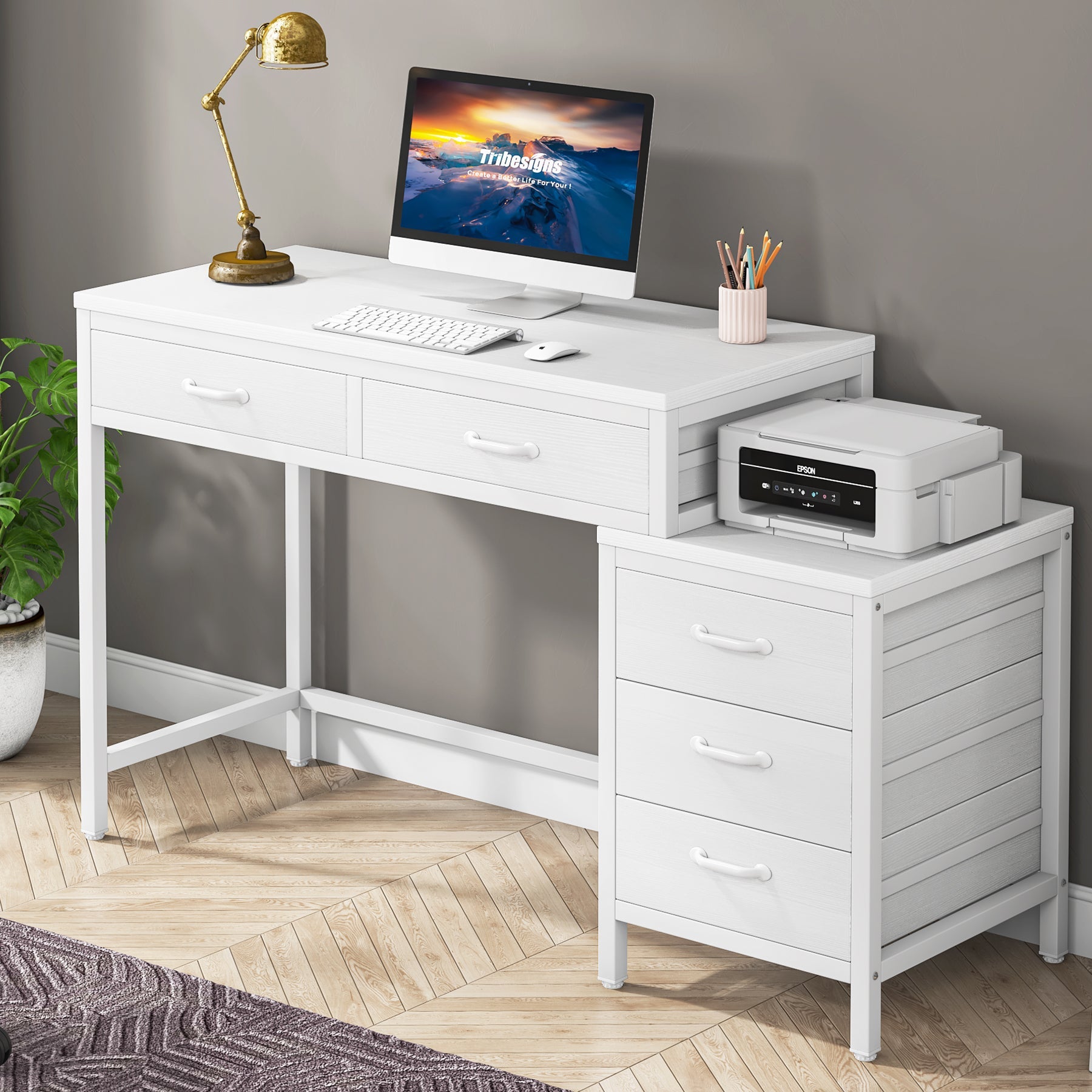Computertisch mit 5 Schubladen, Schreibtisch fürs Arbeitszimmer mit umkehrbarem Schubladenschrank