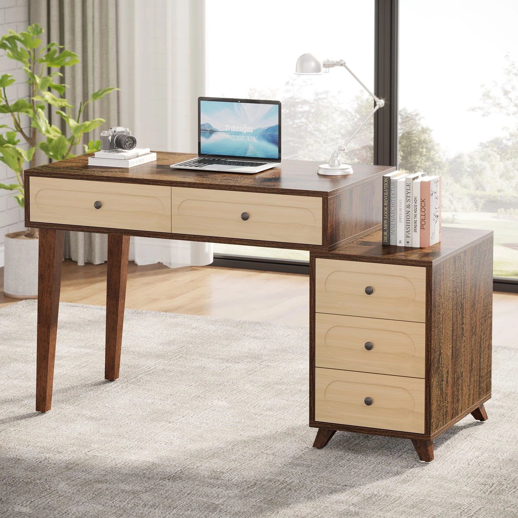 135 cm Schreibtisch mit umkehrbarem Schubladenschrank und 5 Schubladen