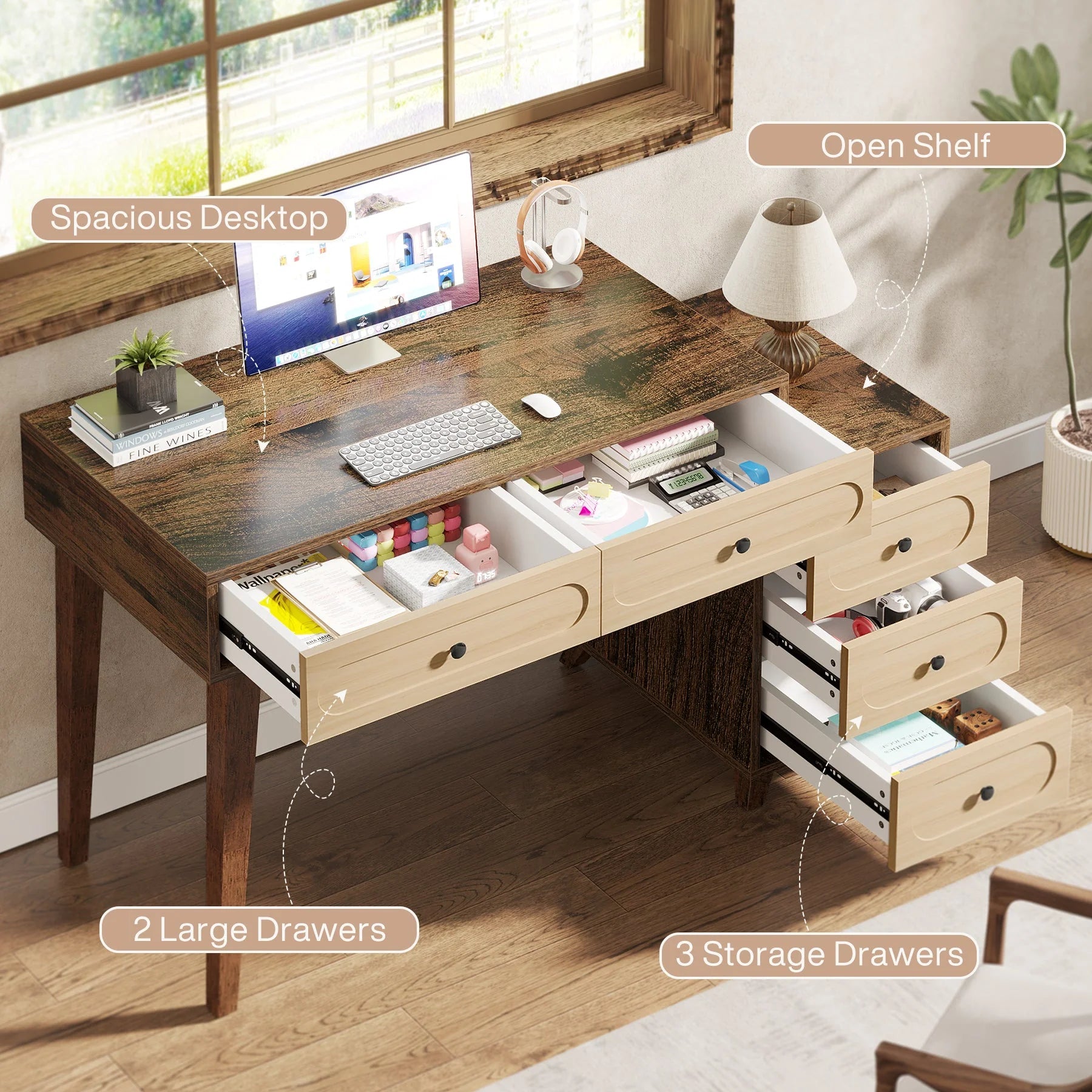 135 cm Schreibtisch mit umkehrbarem Schubladenschrank und 5 Schubladen