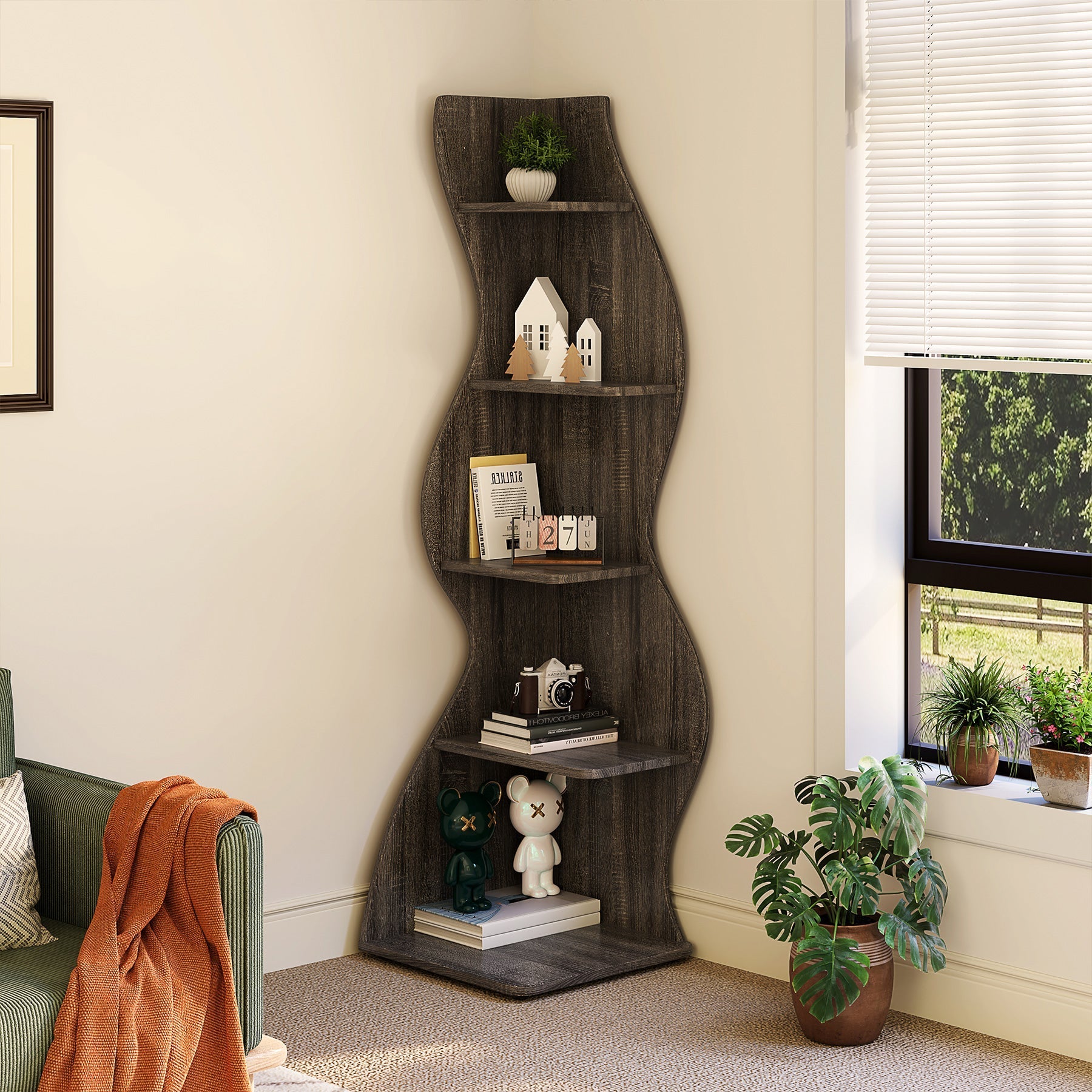 5-Tier Corner Shelf, Modern Wall Corner Bookshelf Bookcase Tribesigns