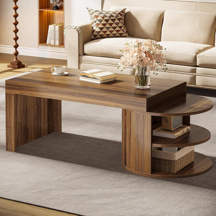 130 cm modern-rustikaler Couchtisch mit Rillendesign-Basis & 2 Ablageebenen