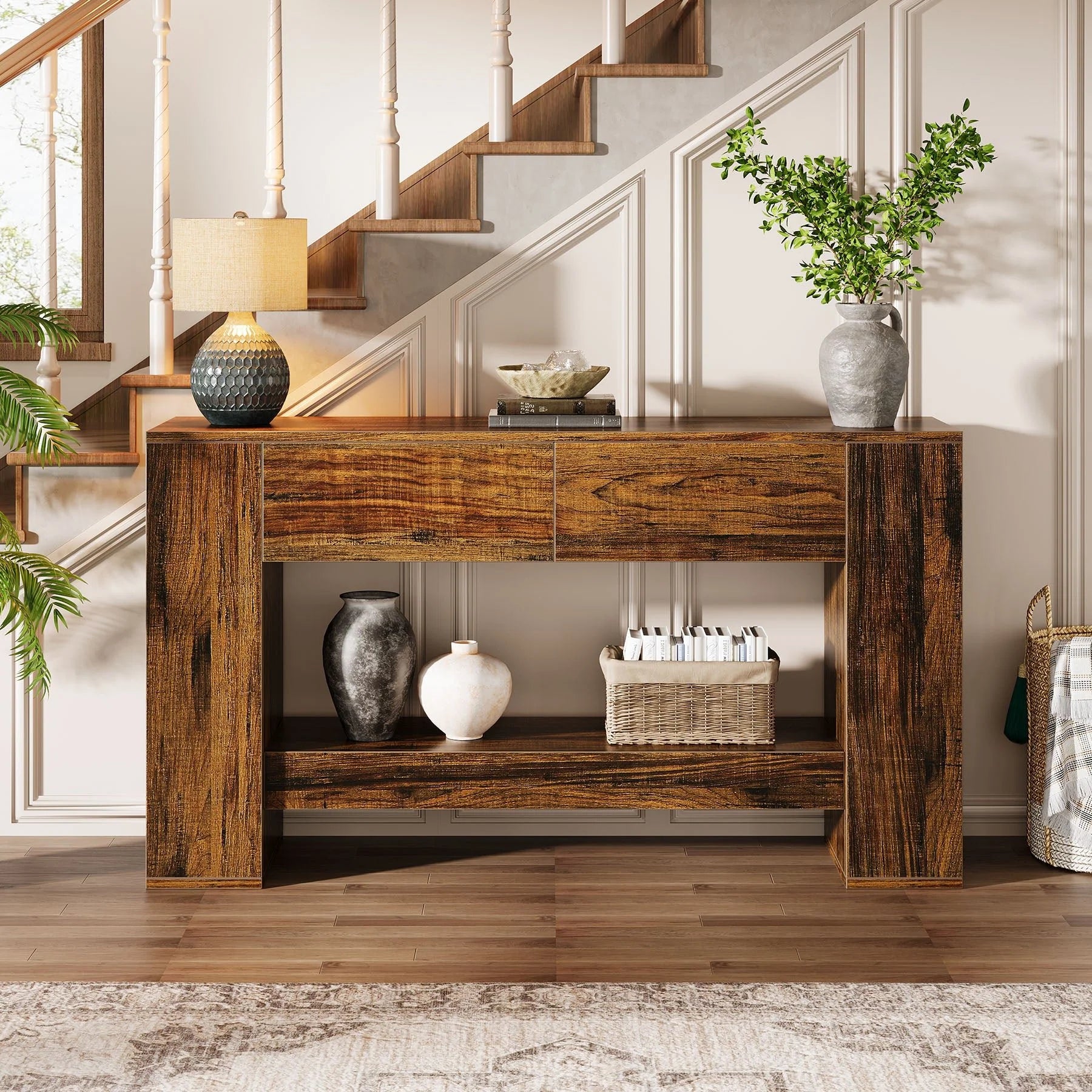 140 cm Konsolentisch, 2-stufiger Sofatisch aus Holz mit 2 Schubladen