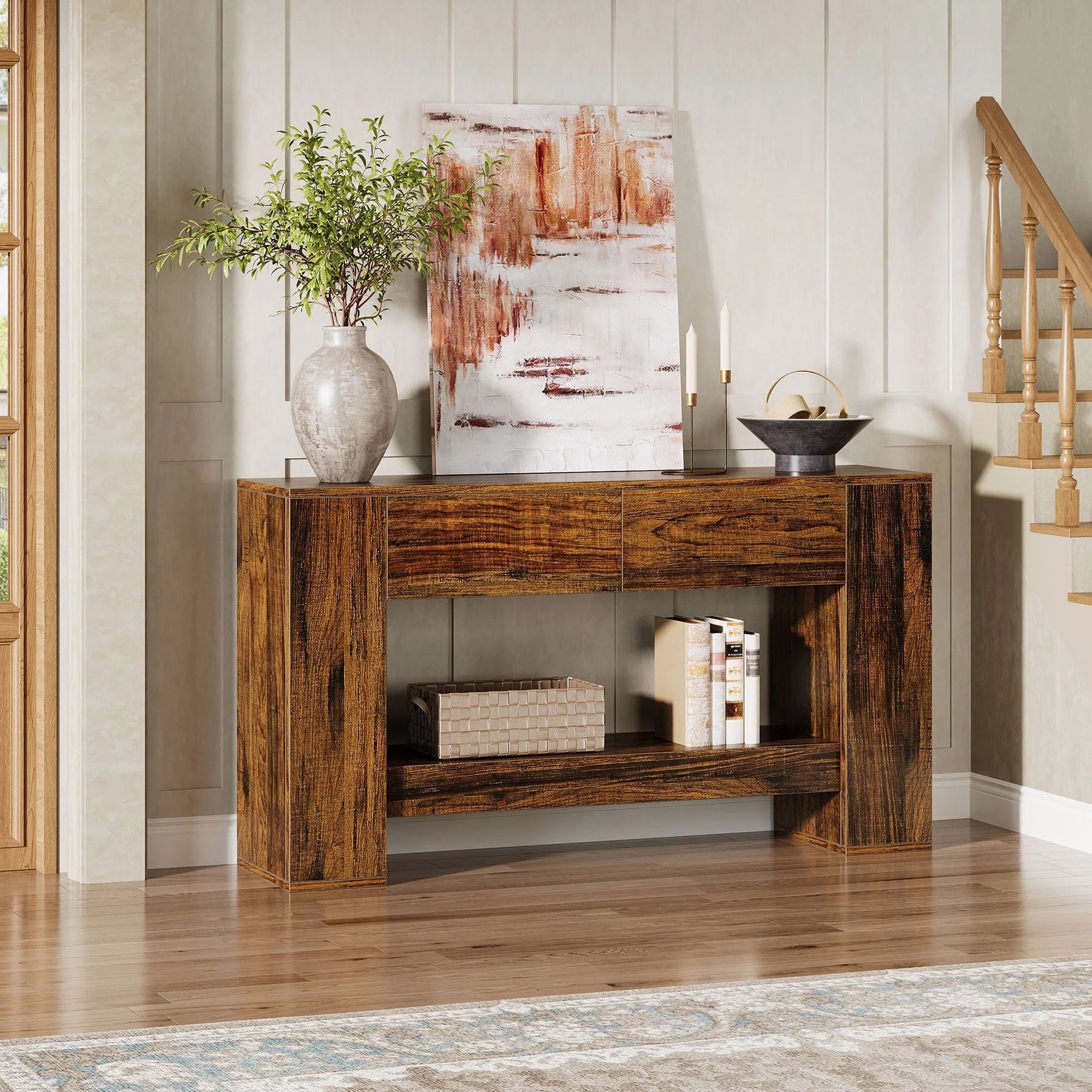140 cm Konsolentisch, 2-stufiger Sofatisch aus Holz mit 2 Schubladen