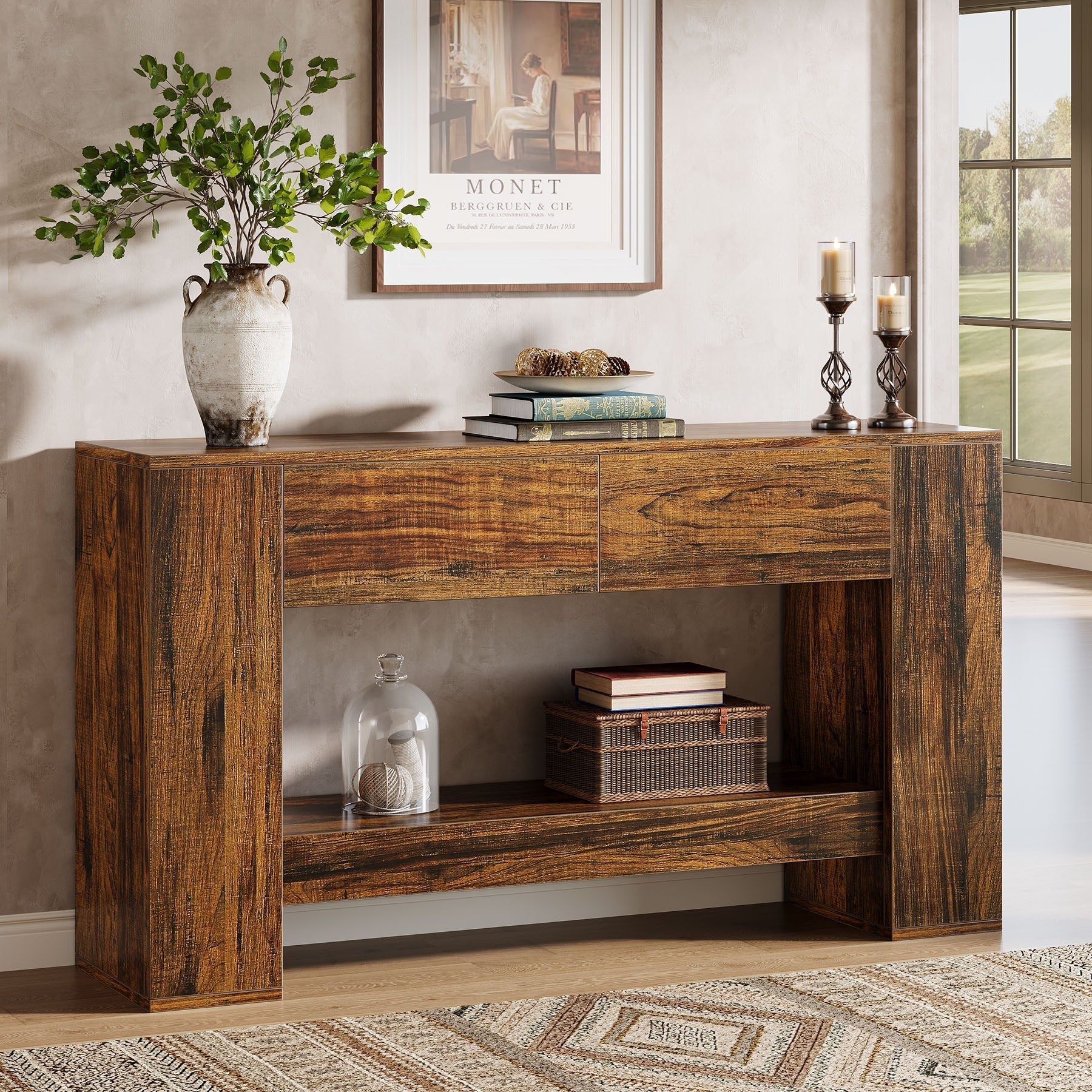 140 cm Konsolentisch, 2-stufiger Sofatisch aus Holz mit 2 Schubladen