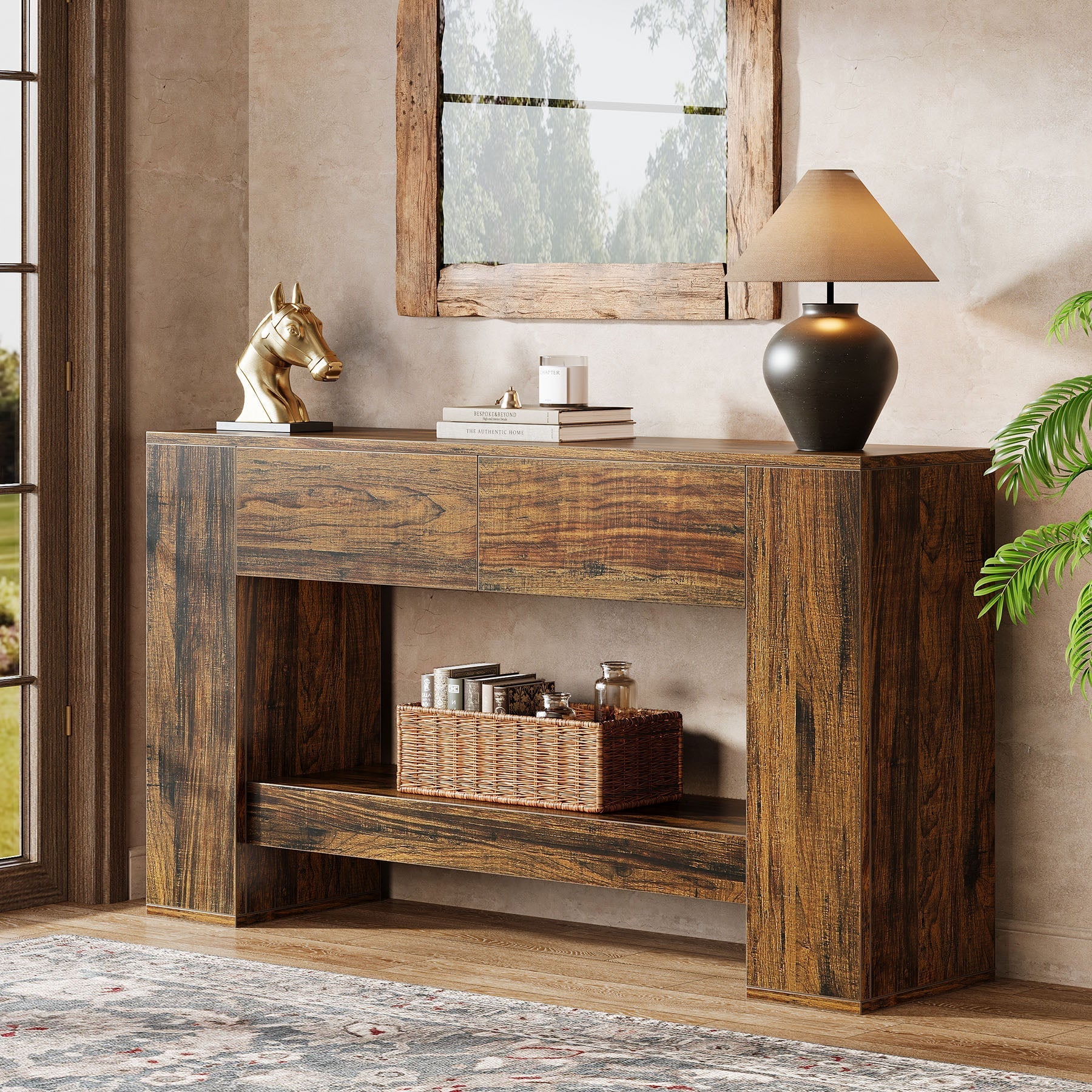 140 cm Konsolentisch, 2-stufiger Sofatisch aus Holz mit 2 Schubladen