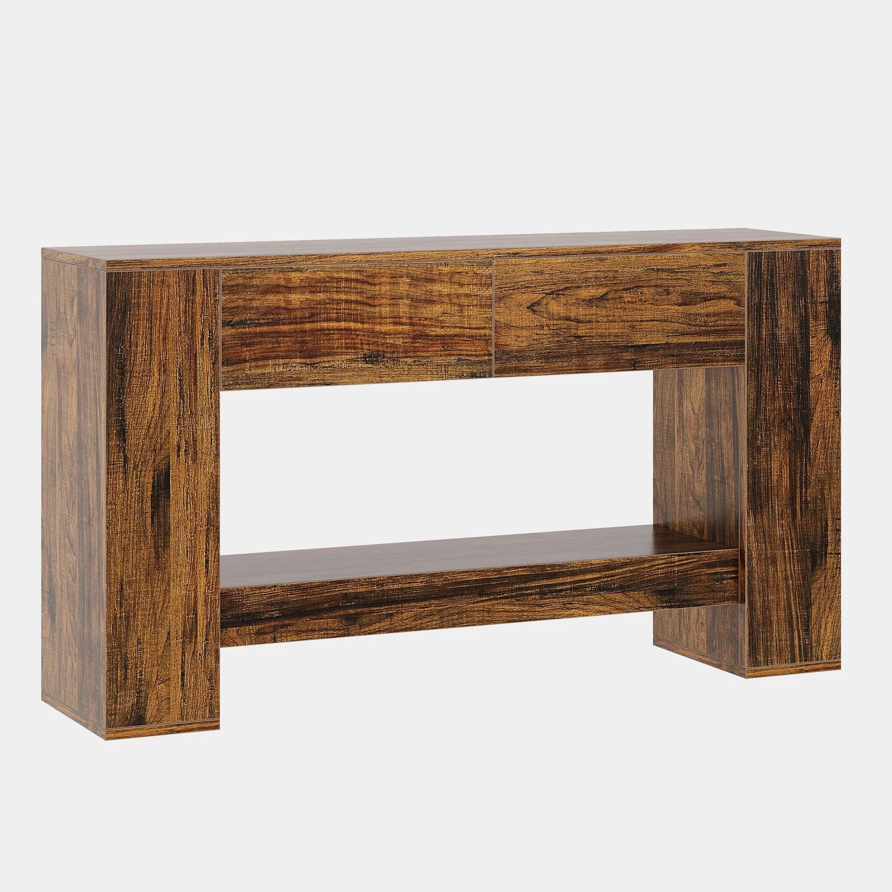 140 cm Konsolentisch, 2-stufiger Sofatisch aus Holz mit 2 Schubladen