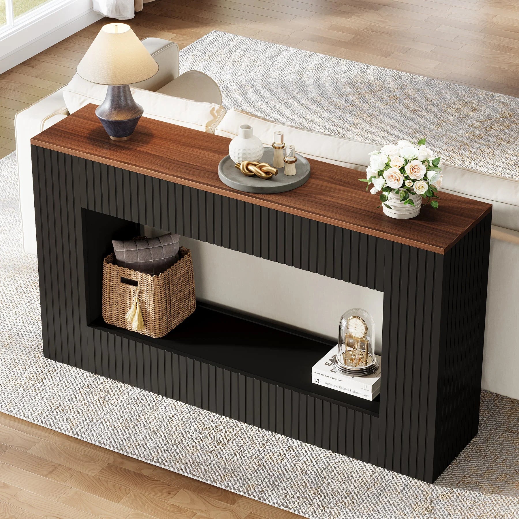 140 CM Konsolentisch, Holz-Eingangstisch Sofatisch mit Stauraum