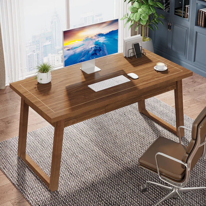 140 cm Computertisch aus Holz, Mid-Century Modern Arbeitstisch mit Schublade