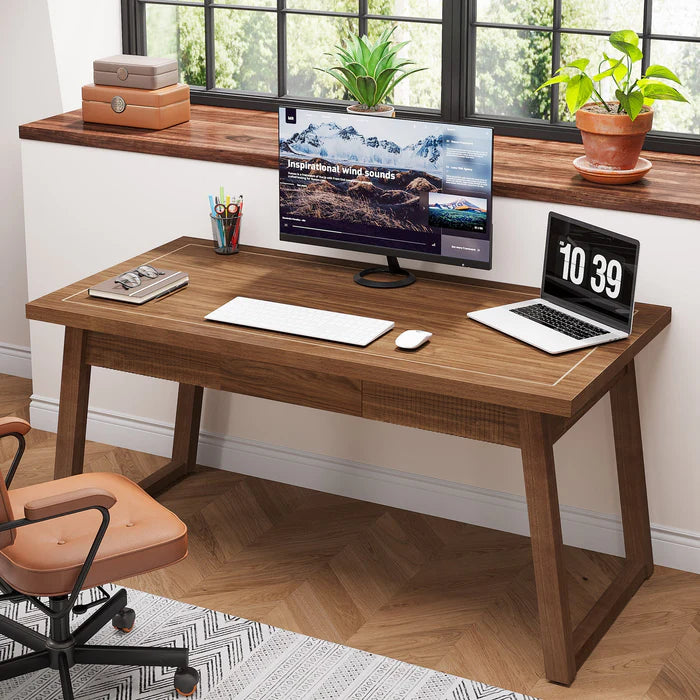 140 cm Computertisch aus Holz, Mid-Century Modern Arbeitstisch mit Schublade