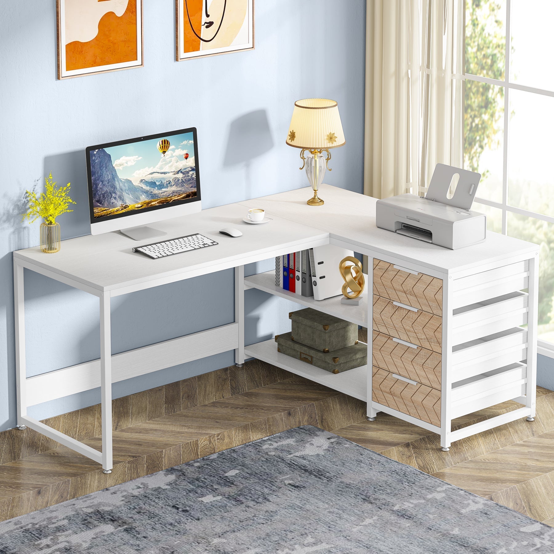 59" L-Shaped Desk, Reversible Corner Desk with Drawers & Shelves Tribesigns
