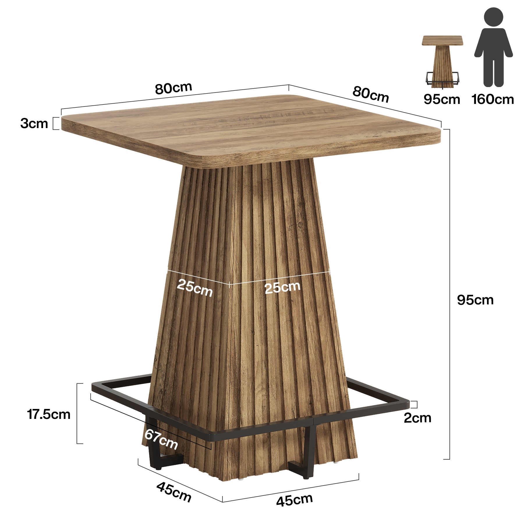 Tribesigns Bartisch 80 cm, Quadratischer Hochtisch mit Metall-Fußstütze im Landhausstil