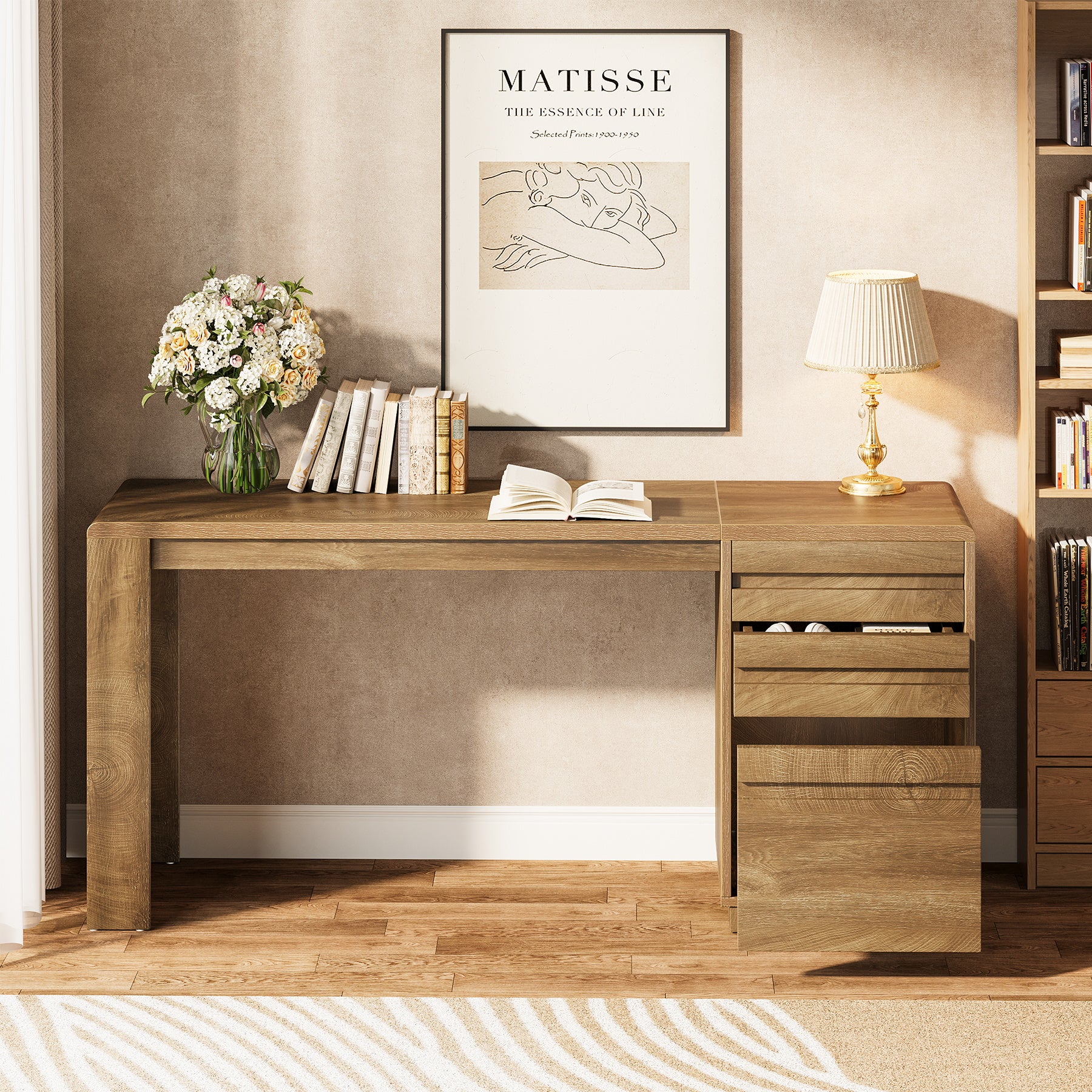 Tribesigns Schreibtisch 140 cm mit 3 Schubladen, Home-Office Schreibtisch mit verstellbarem Hängeregister-Schubladenschrank