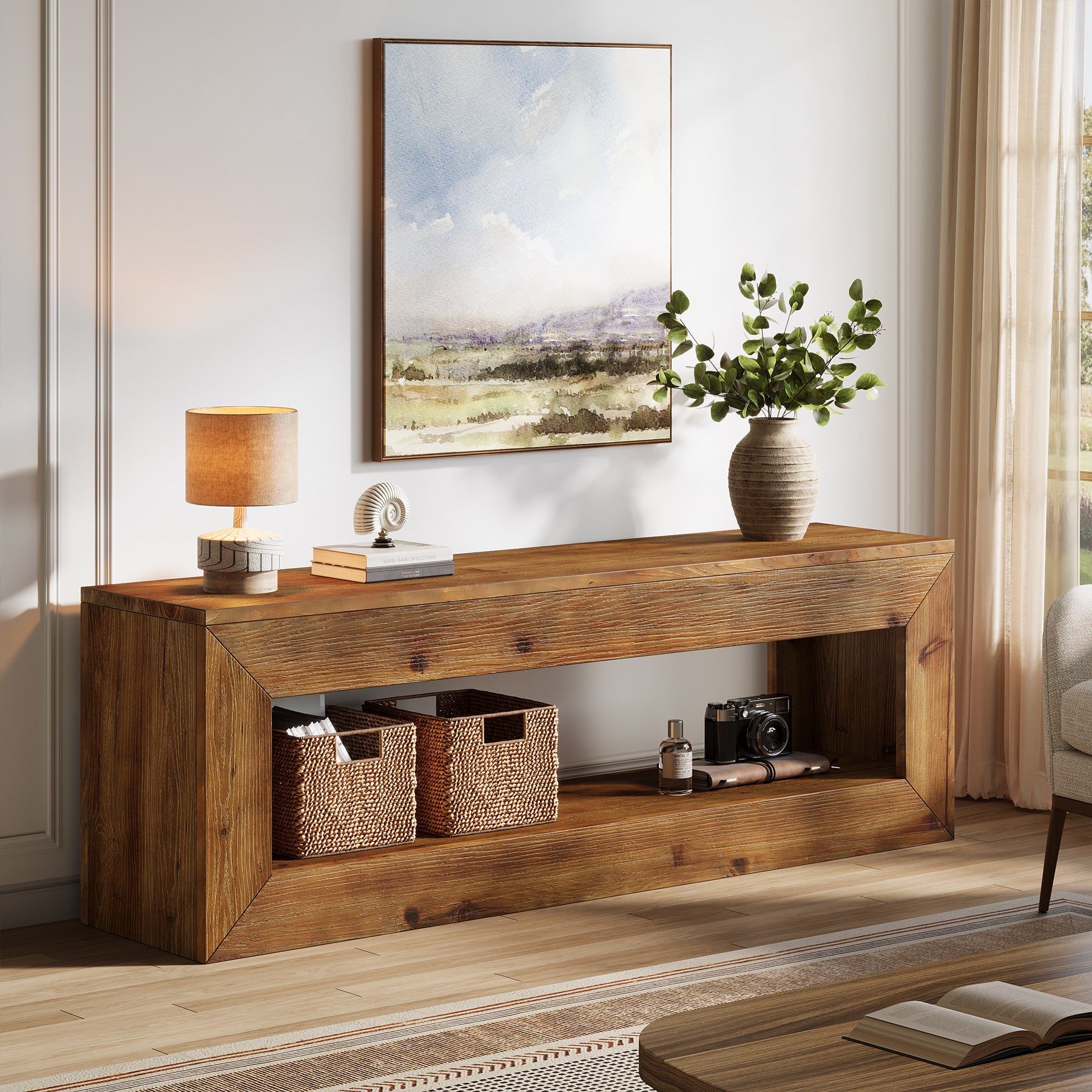 Tribesigns TV-Lowboard aus Massivholz 120 cm, TV-Schrank mit Offenem Stauraum für 32–55 Zoll Fernseher