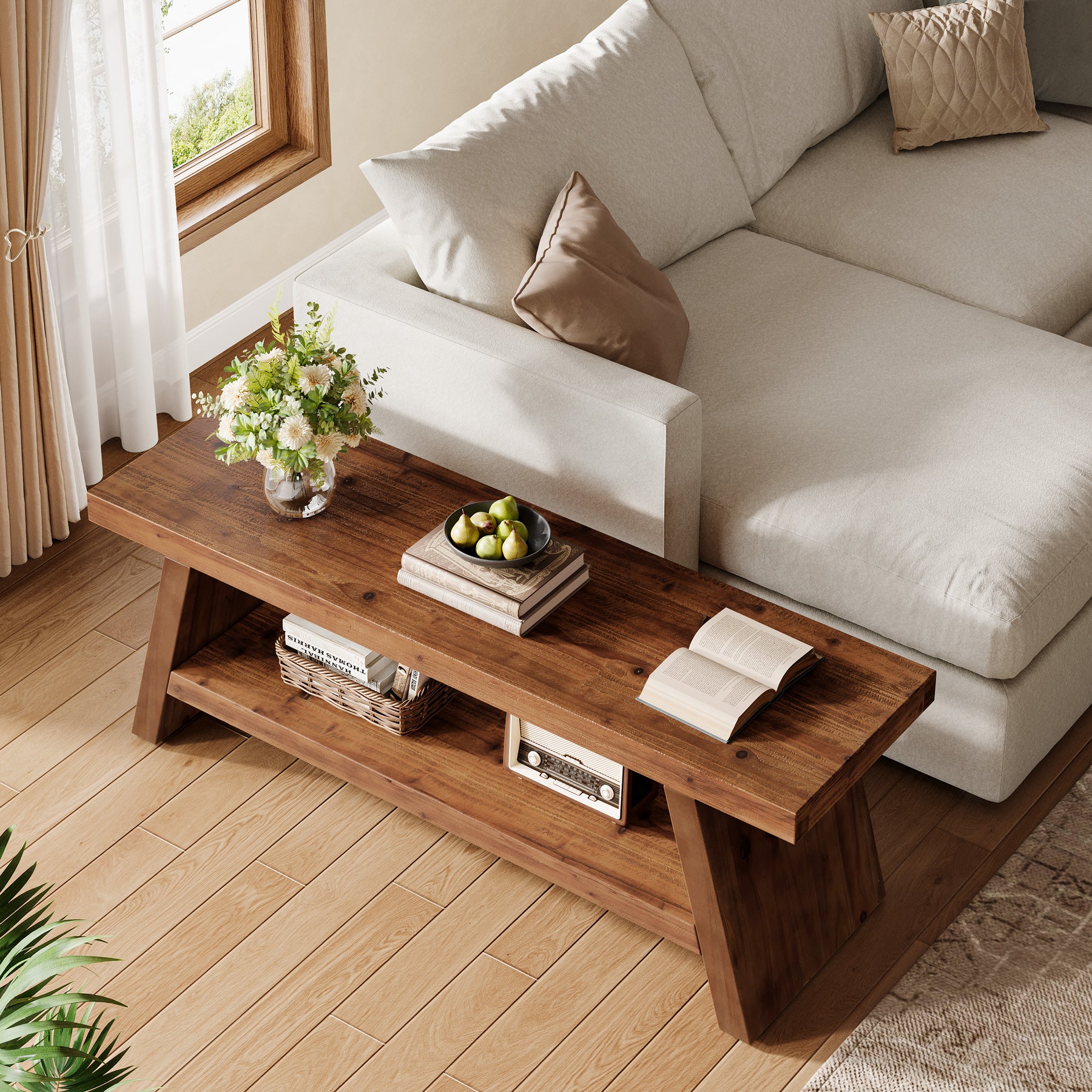 2-stöckige Schuhbank aus Massivholz, Flurbank mit offenen Ablagen