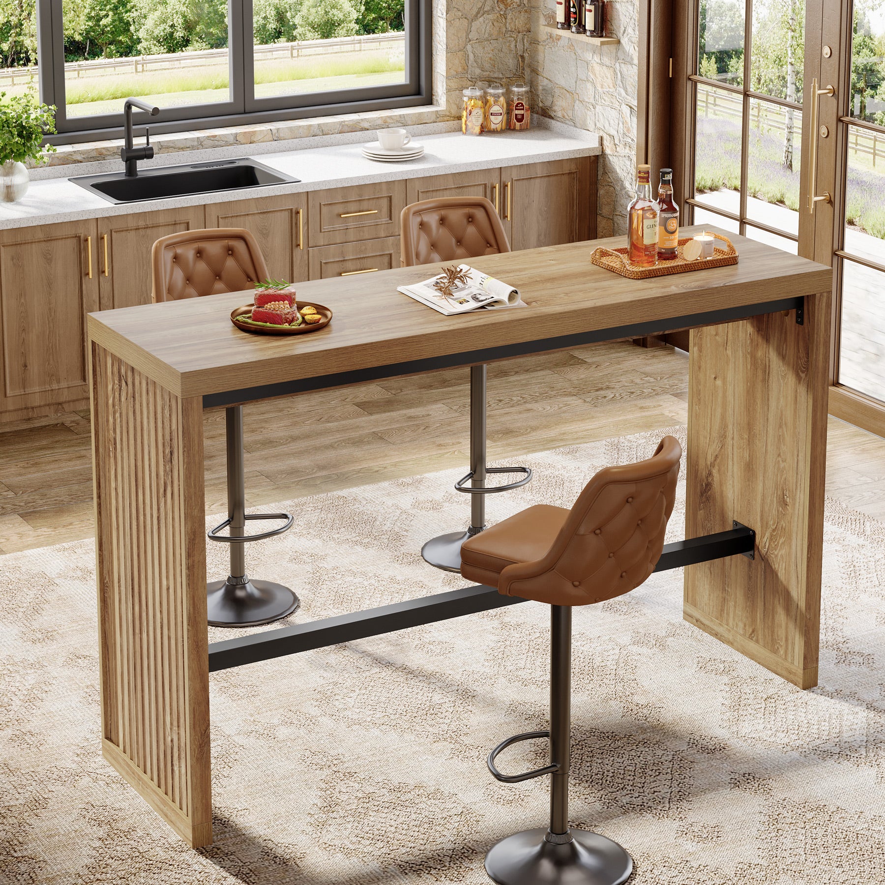 Tribesigns Bartisch 140 cm, Hochtisch mit Metall-Fußstütze, Stehtisch im modernen Landhausstil
