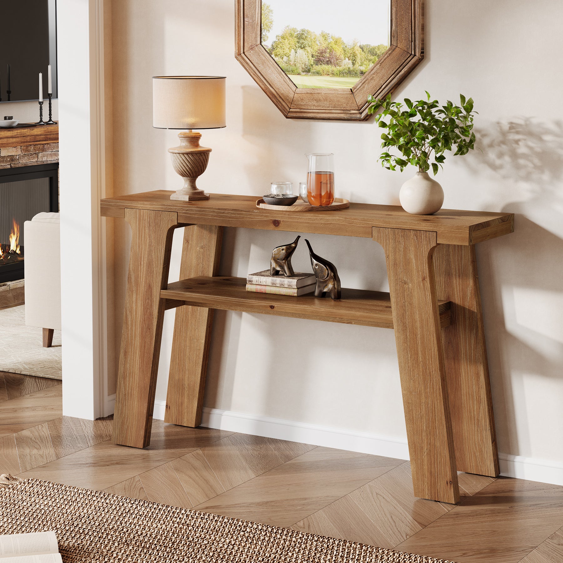 Tribesigns Massivholz-Konsolentisch 120 cm, Rustikaler Flur- und Sofatisch mit 2 Ablagen, Landhausstil