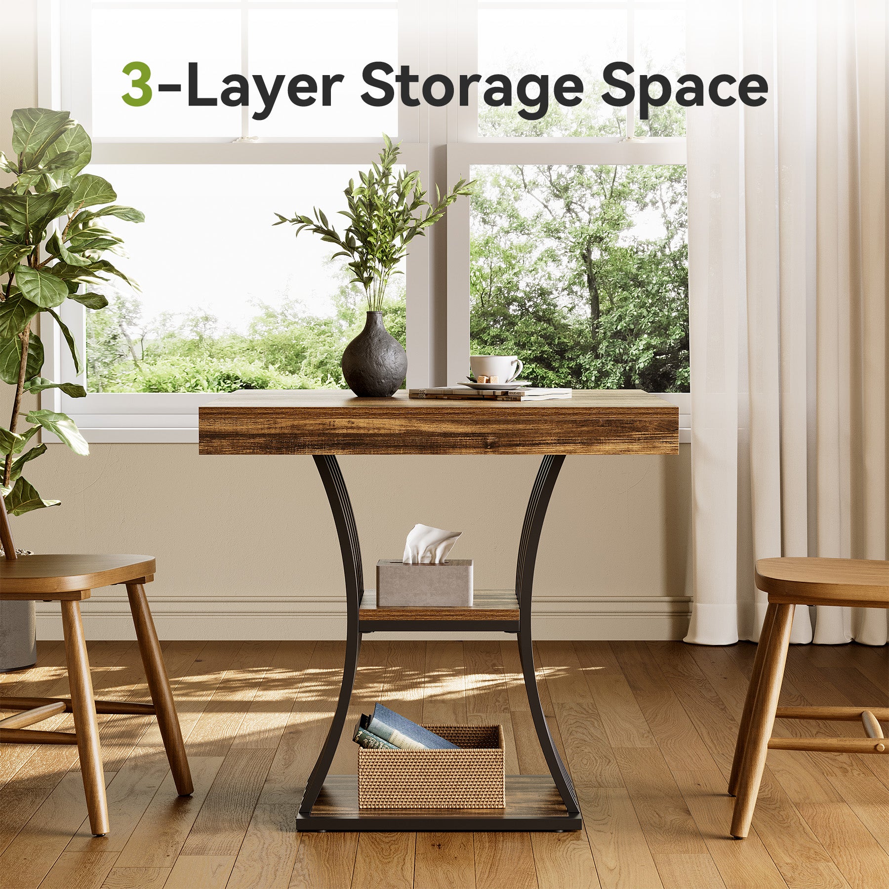 Tribesigns 80 cm Quadratischer Industrial Esstisch für 4 Personen, 2 Ablagefächer, Küchentisch für Wohnzimmer & Esszimmer