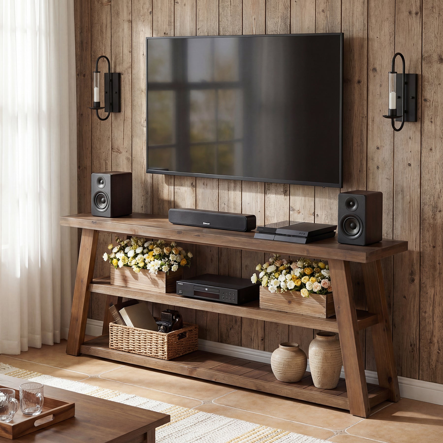 Tribesigns TV-Lowboard aus Massivholz 160 cm, TV-Schrank für Fernseher bis 70 Zoll mit 3 offenen Ablagen