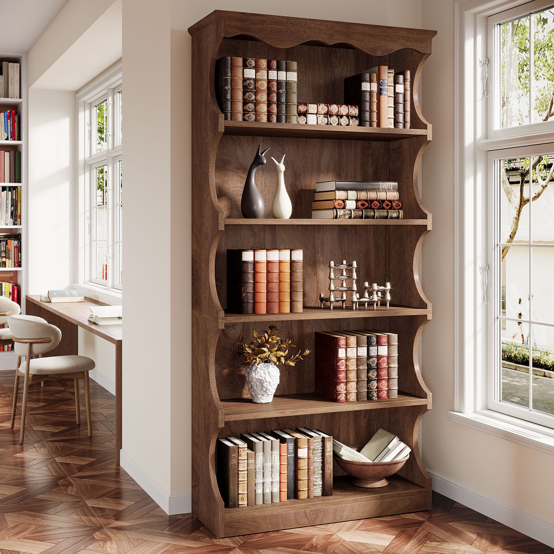 180 cm Freistehendes Bücherregal, Offenes Holzregal mit 6 Ablagen für Wohnzimmer und Schlafzimmer