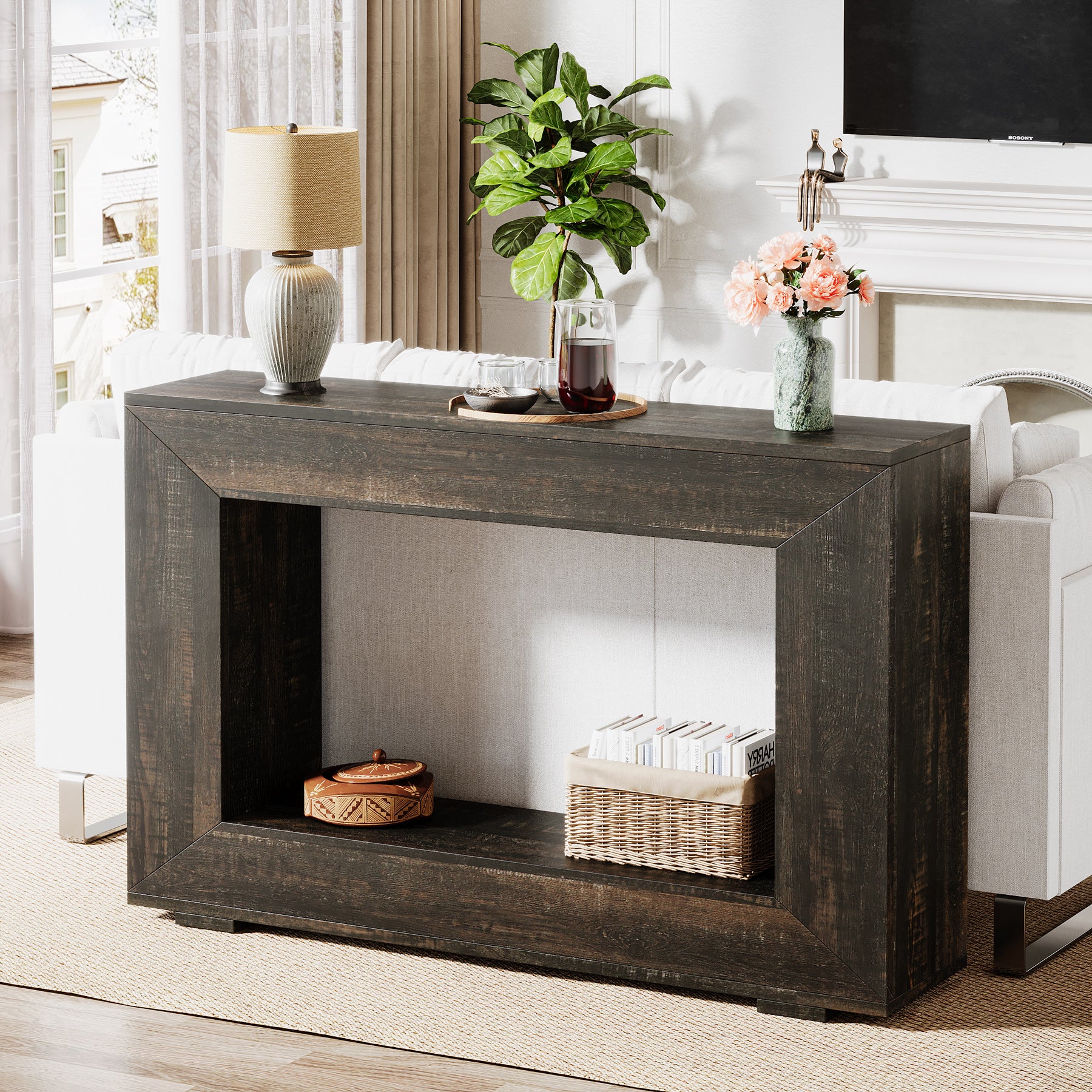 Konsolentisch im Landhausstil, 120 cm Sofatisch aus Holz für den Eingangsbereich mit Stauraum