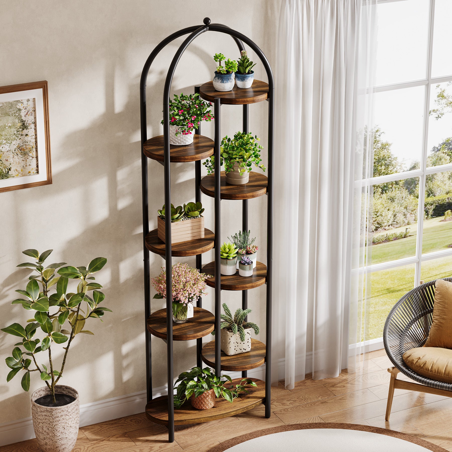 Pflanzenständer 180 cm hoch mit 8 Ablagen, Blumenständer für 10 Pflanzen, Eckregal mit Metallrahmen