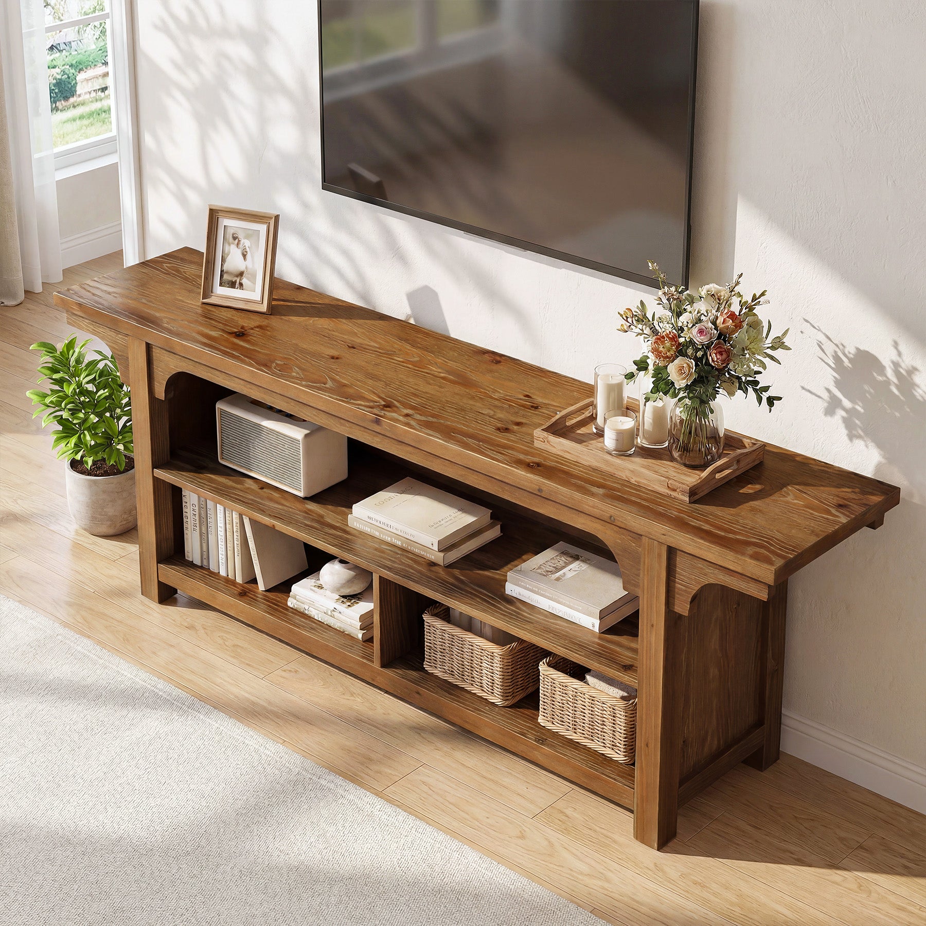 Tribesigns 160 cm TV-Lowboard aus Massivholz, TV-Schrank für 55–70 Zoll Fernseher mit 3 offenen Fächern
