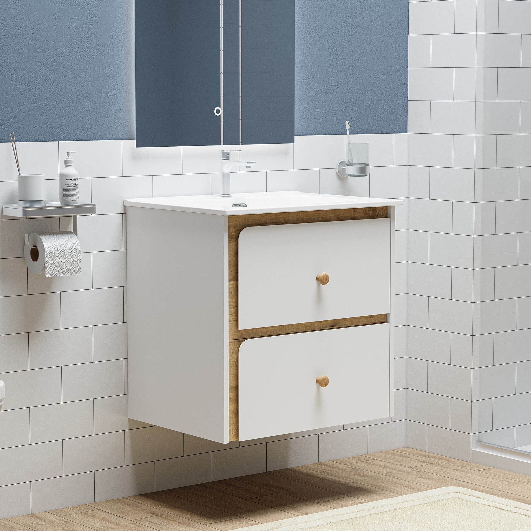 Tribesigns Hängender Waschtisch mit Keramikbecken, Moderner Badschrank wandmontiert mit Soft-Close-Tür