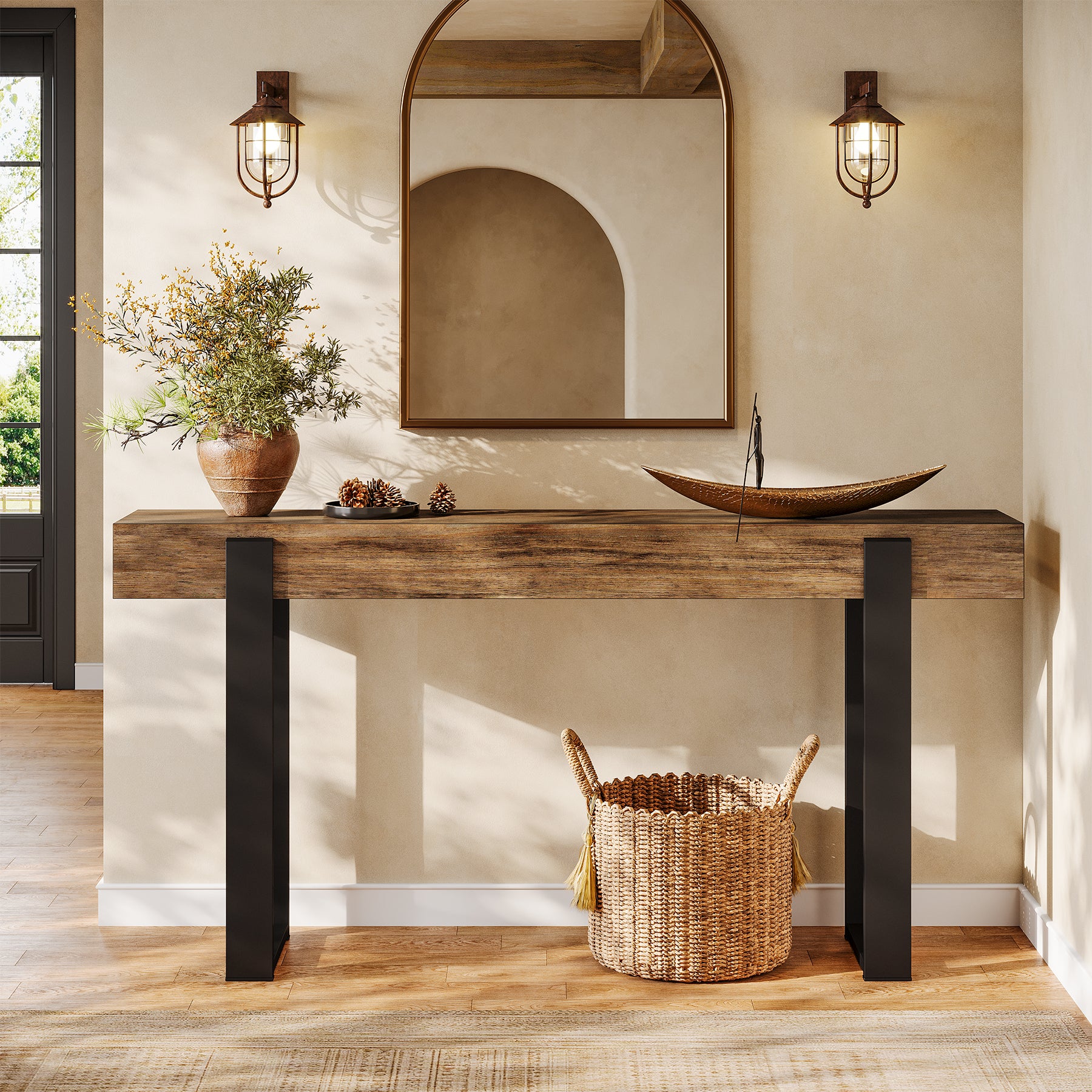 Tribesigns Schmaler Konsolentisch 160 cm, Massivholz Sofatisch mit Metallbeinen, Flurtisch im Industrial-Landhausstil