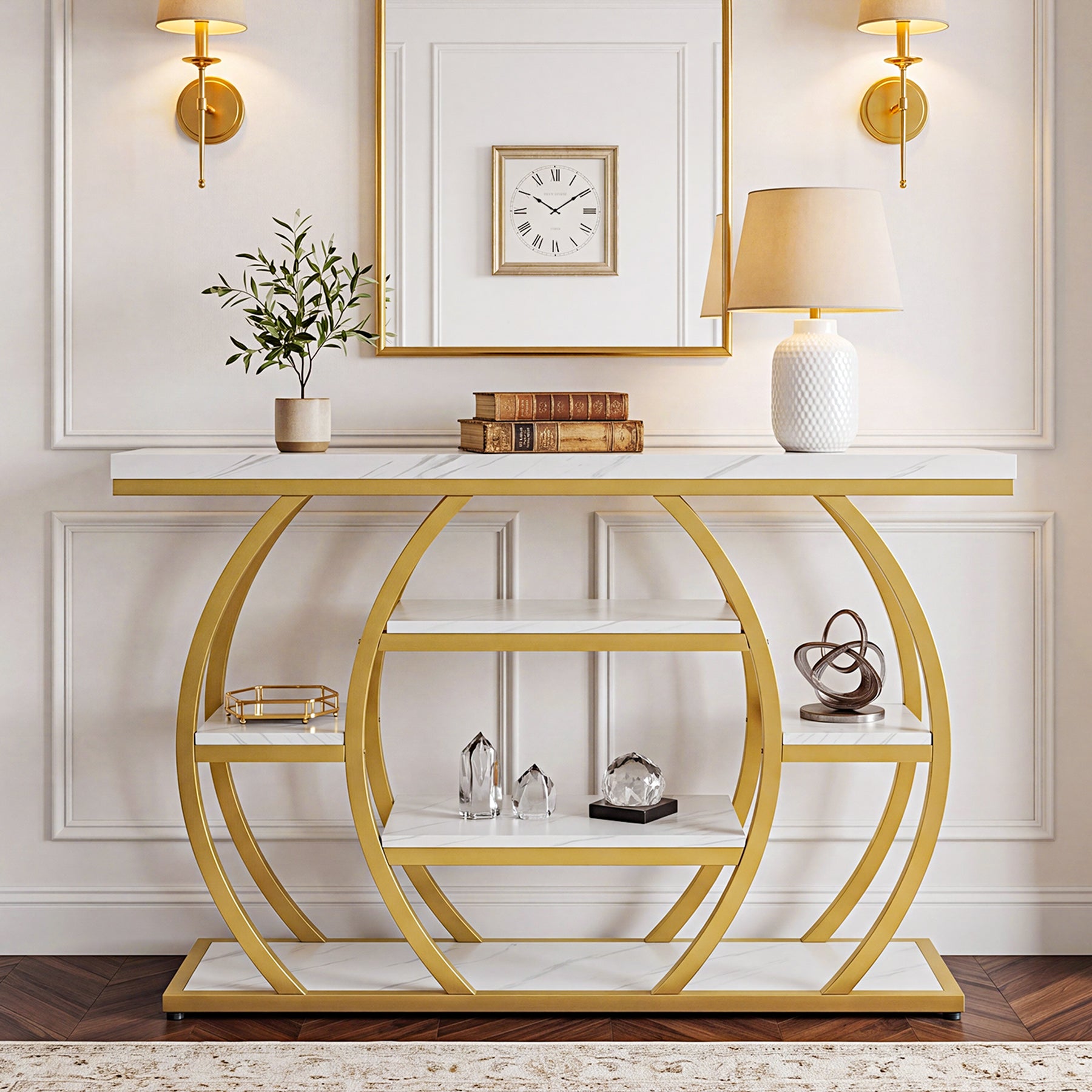 Tribesigns Konsolentisch 105 cm, Schmaler Flurtisch mit 5 Ablagen, Gold Metallgestell & Tischplatte in Marmoroptik