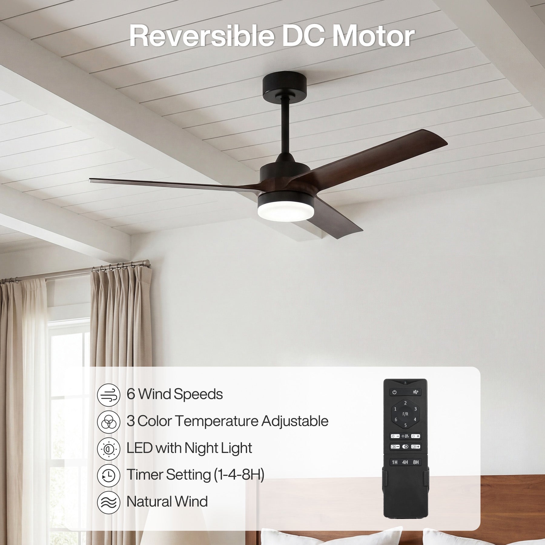 Tribesigns Deckenventilator mit Licht 132 cm, LED Deckenventilator mit Fernbedienung, Reversibler DC-Motor, 6 Geschwindigkeiten